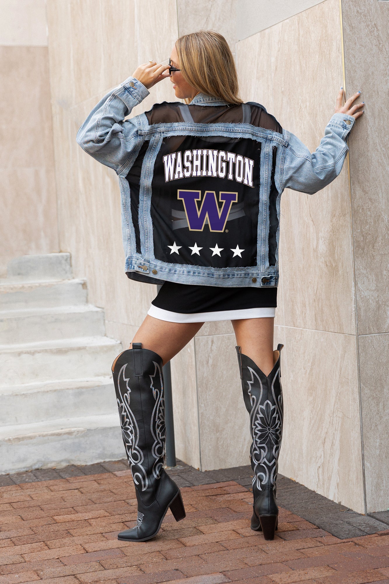 WASHINGTON HUSKIES RULE BREAKER DISTRESSED MESH DENIM JACKET