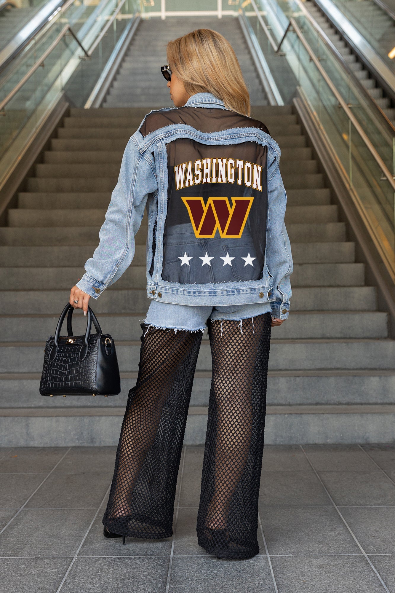 WASHINGTON COMMANDERS RULE BREAKER DISTRESSED MESH DENIM JACKET