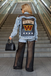 WASHINGTON COMMANDERS RULE BREAKER DISTRESSED MESH DENIM JACKET