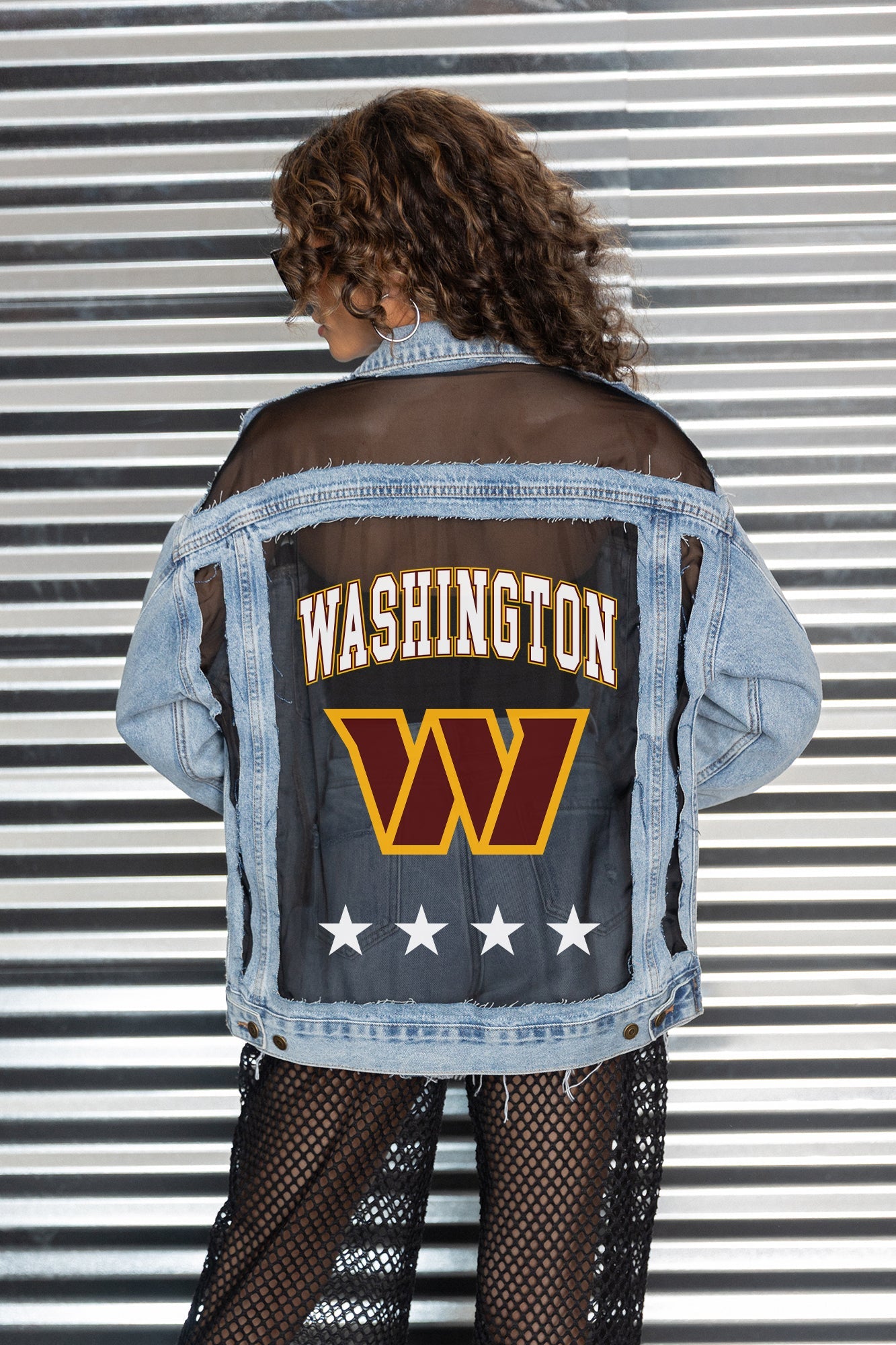 WASHINGTON COMMANDERS RULE BREAKER DISTRESSED MESH DENIM JACKET