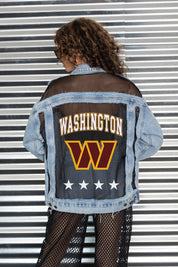 WASHINGTON COMMANDERS RULE BREAKER DISTRESSED MESH DENIM JACKET