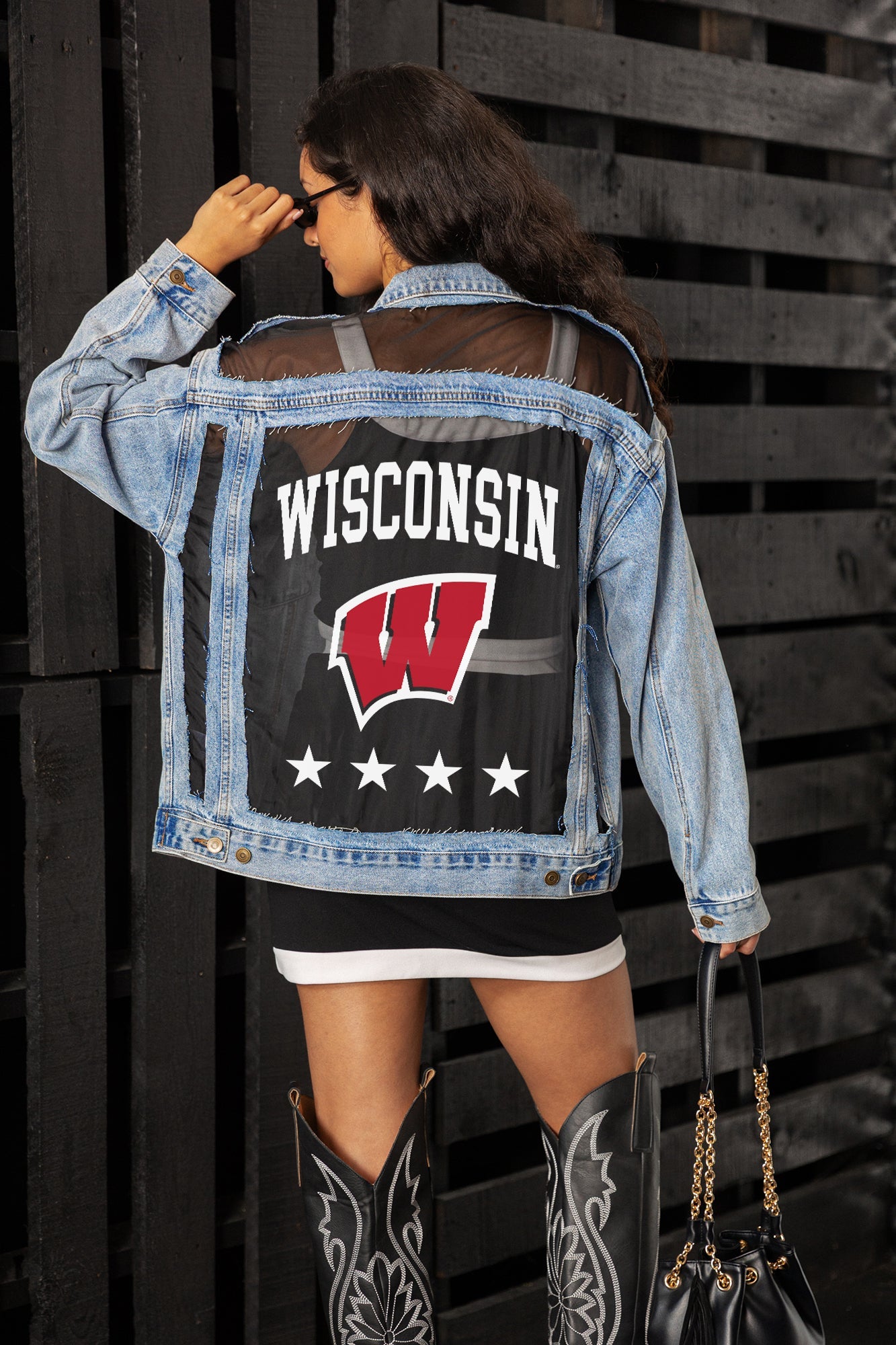 WISCONSIN BADGERS RULE BREAKER DISTRESSED MESH DENIM JACKET