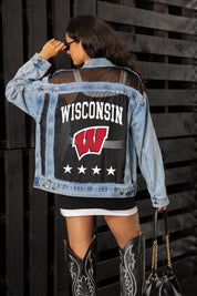 WISCONSIN BADGERS RULE BREAKER DISTRESSED MESH DENIM JACKET