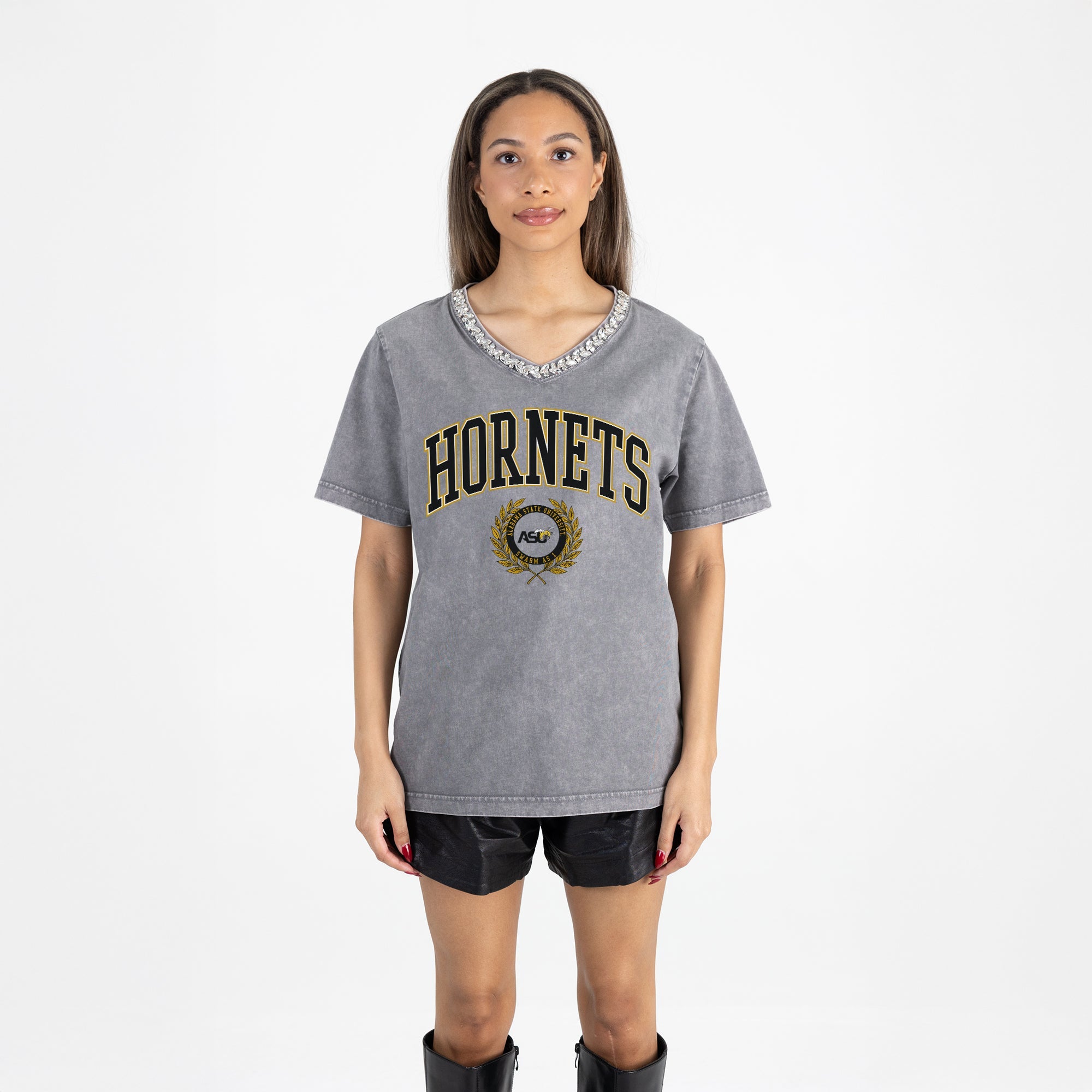 ALABAMA STATE HORNETS ICONIC EDGE RHINESTONE TRIM V-NECK TEE