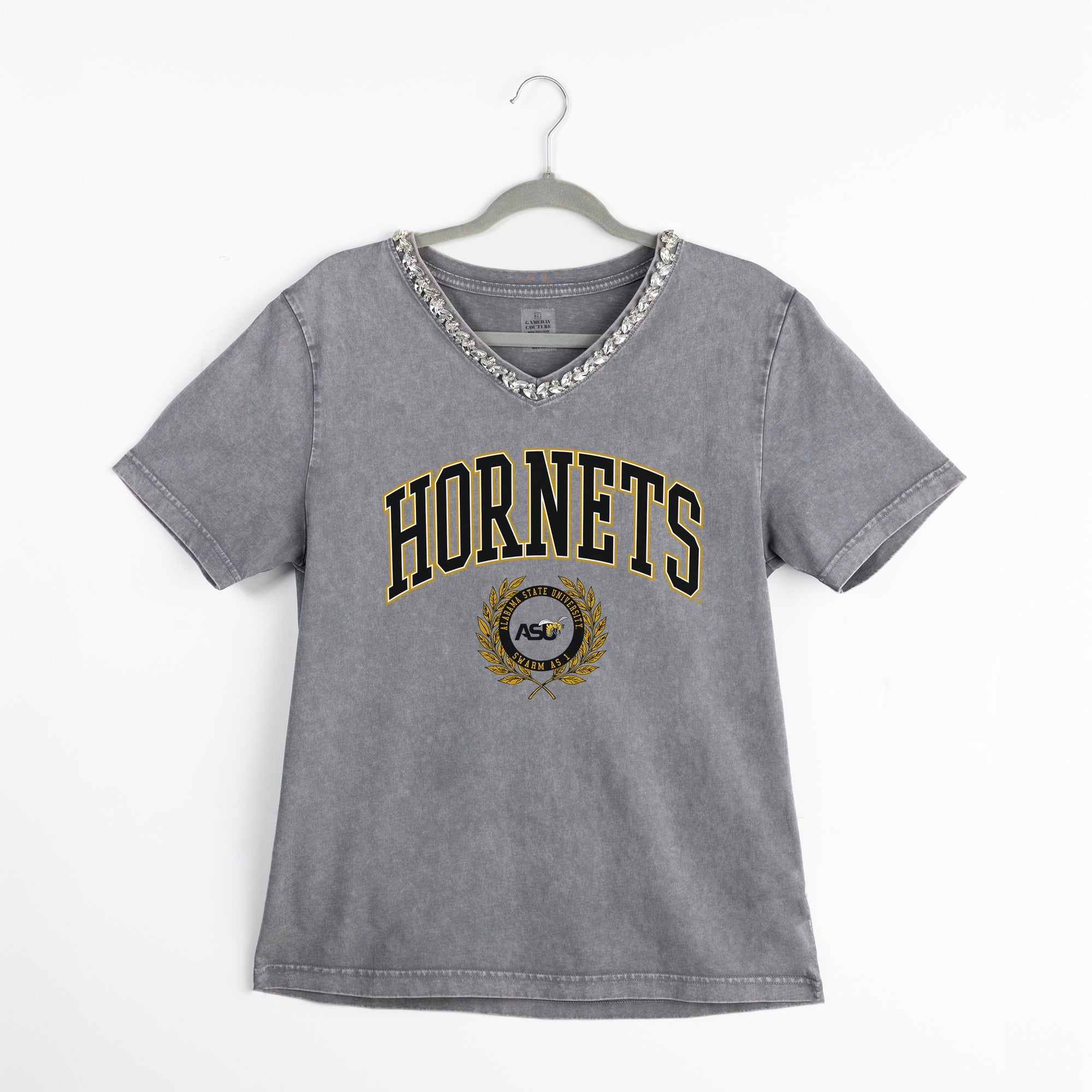 ALABAMA STATE HORNETS ICONIC EDGE RHINESTONE TRIM V-NECK TEE