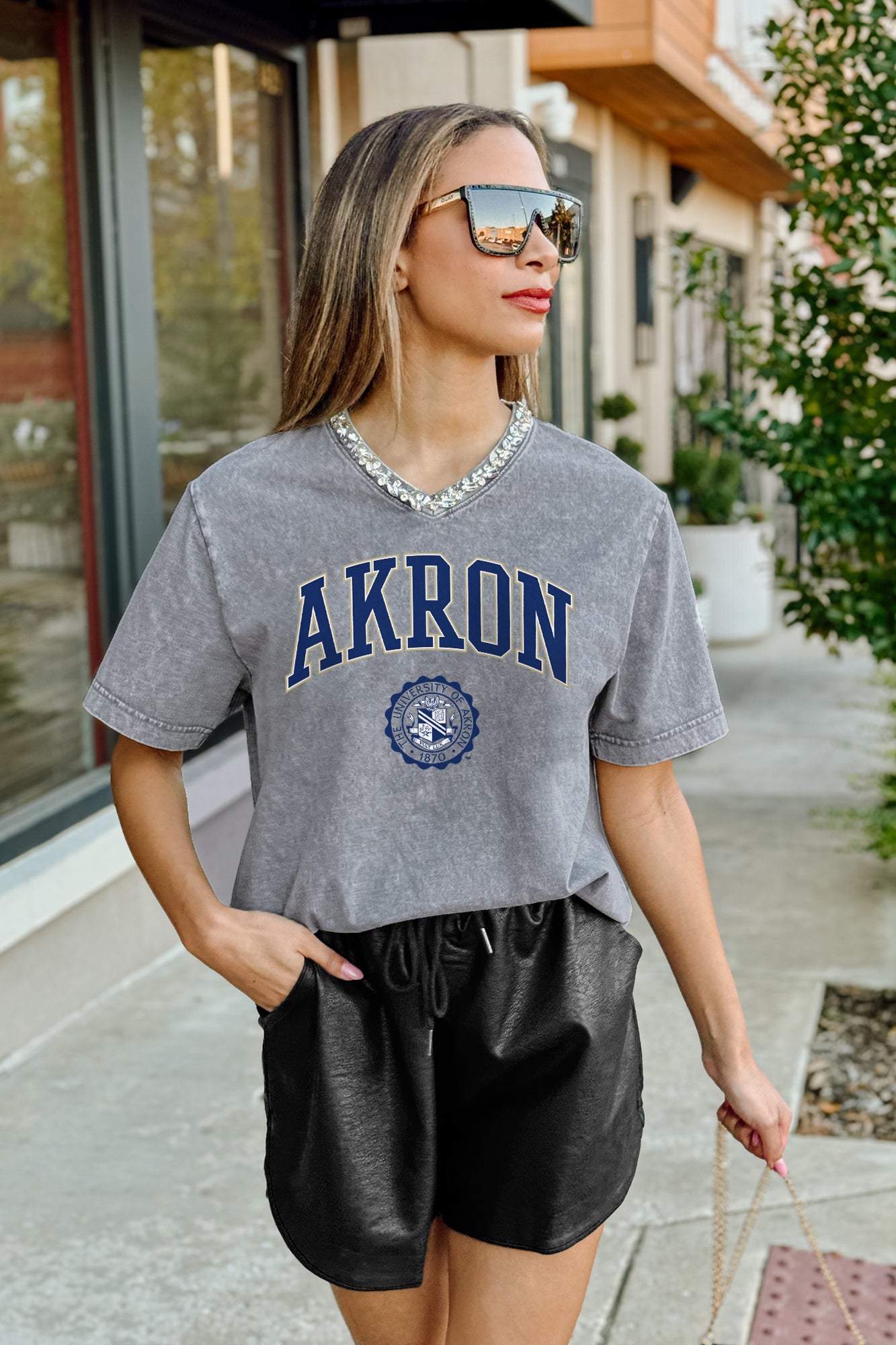 AKRON ZIPS ICONIC EDGE RHINESTONE TRIM V-NECK TEE