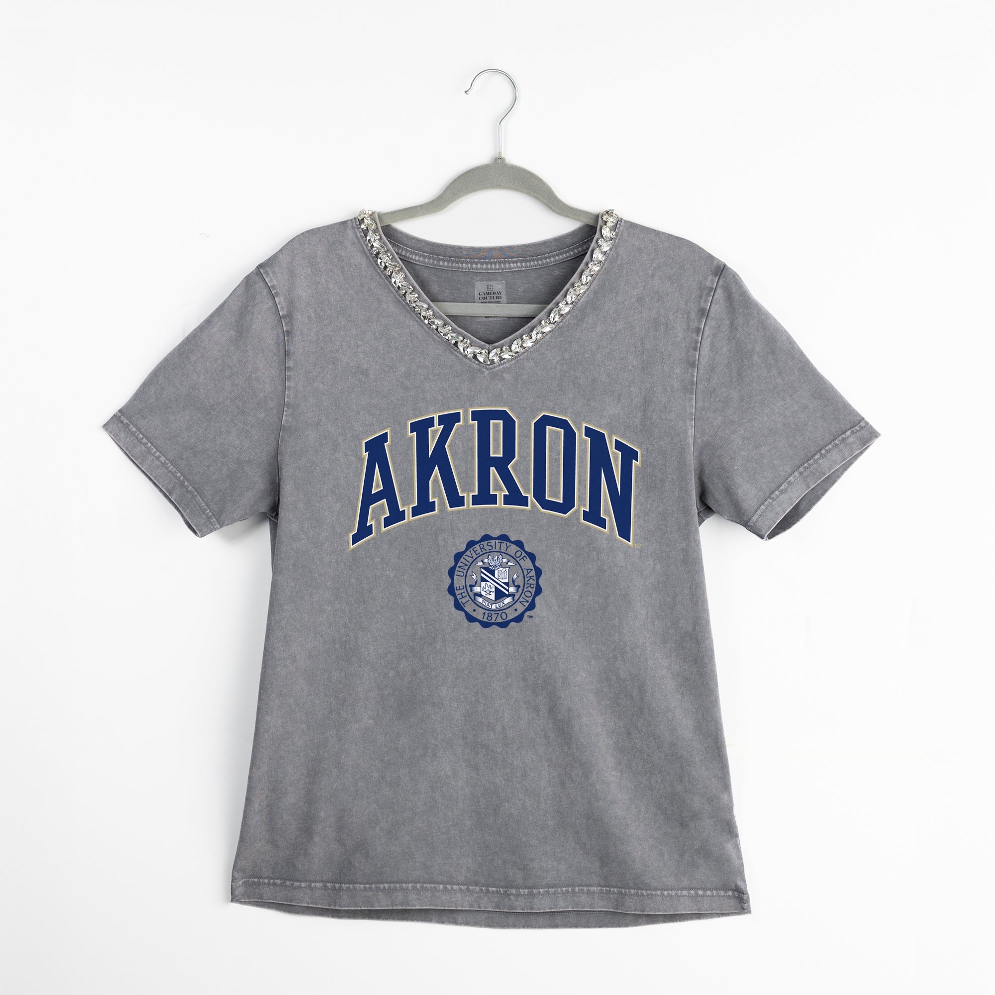 AKRON ZIPS ICONIC EDGE RHINESTONE TRIM V-NECK TEE