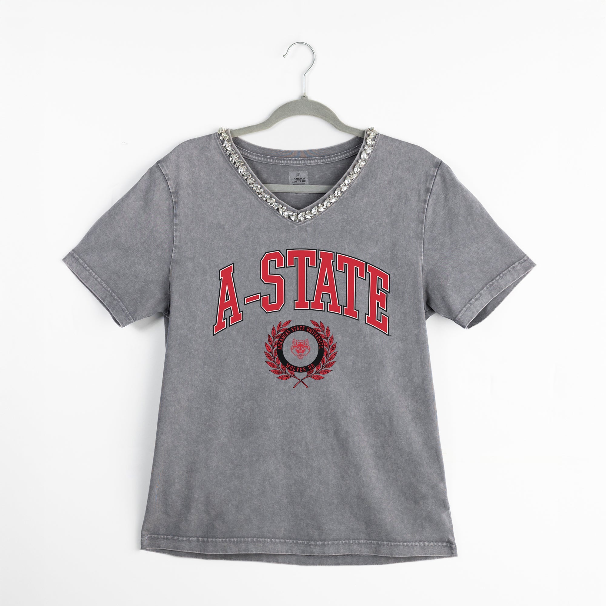 ARKANSAS STATE RED WOLVES ICONIC EDGE RHINESTONE TRIM V-NECK TEE