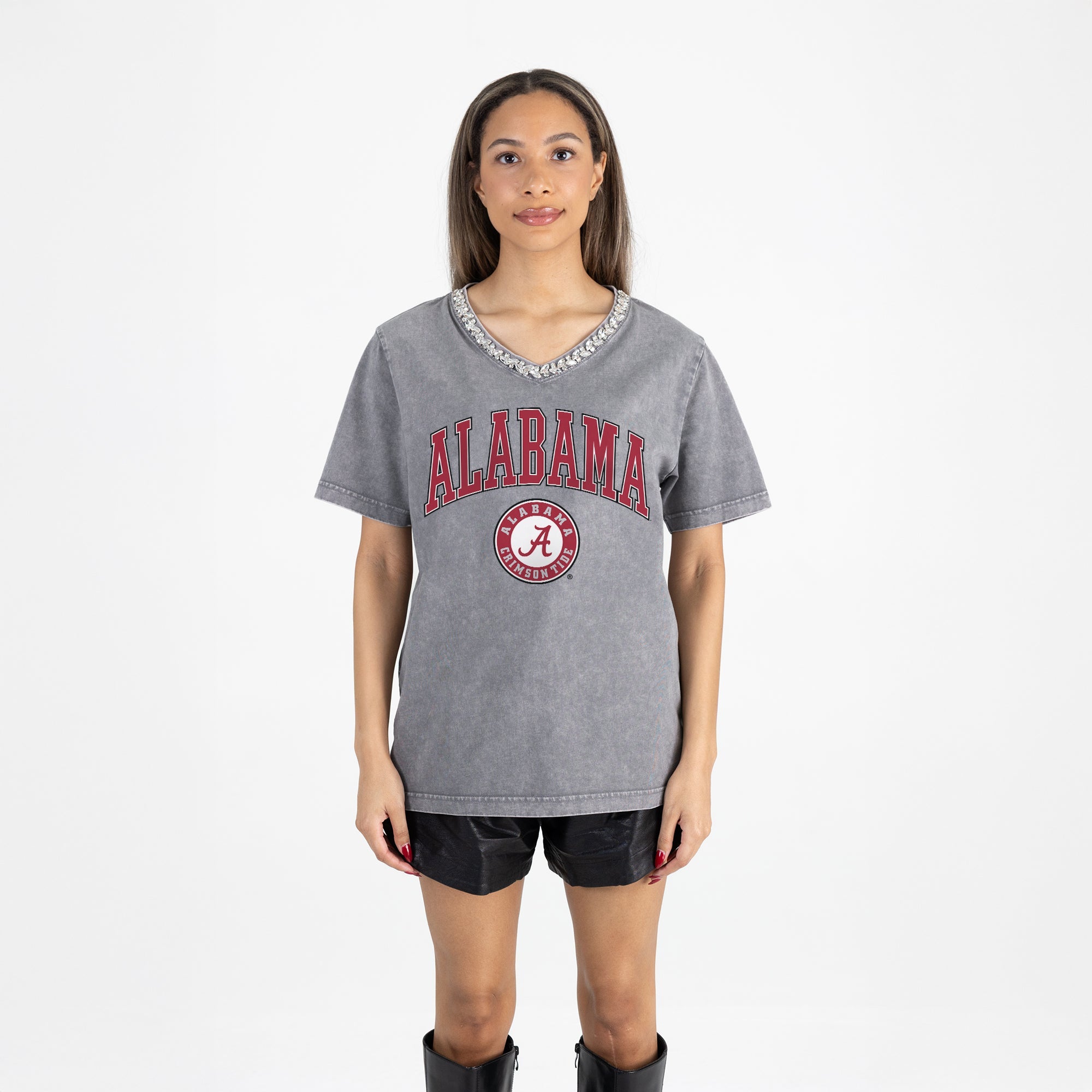ALABAMA CRIMSON TIDE ICONIC EDGE RHINESTONE TRIM V-NECK TEE