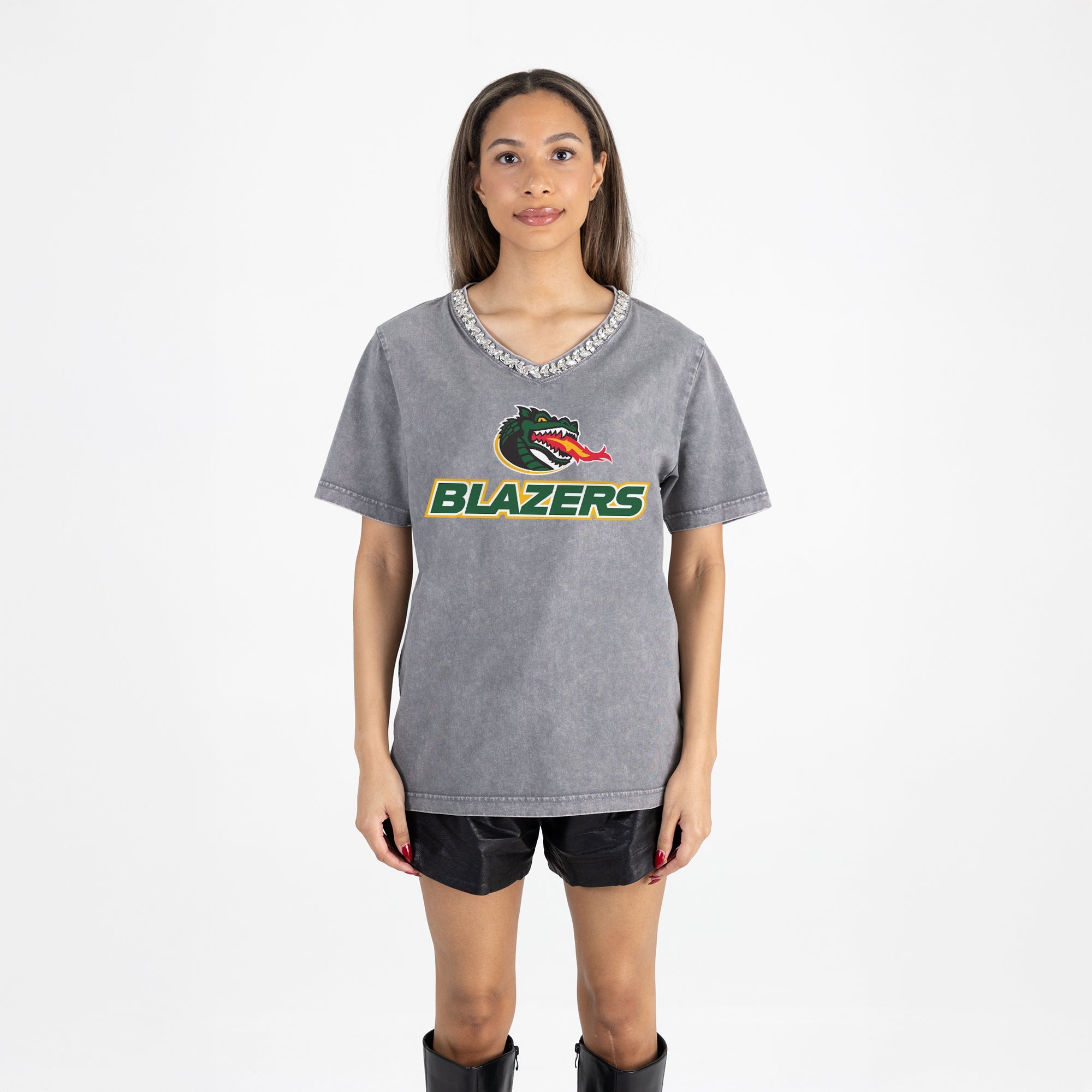 ALABAMA AT BIRMINGHAM BLAZERS ICONIC EDGE RHINESTONE TRIM V-NECK TEE