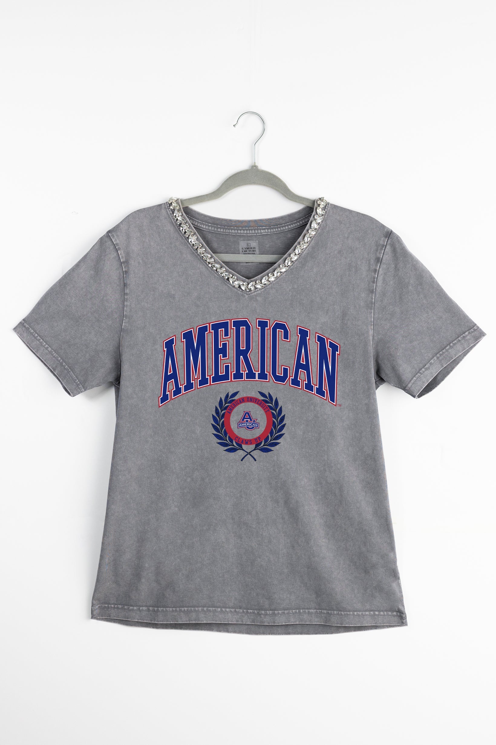AMERICAN UNIVERSITY EAGLES ICONIC EDGE RHINESTONE TRIM V-NECK TEE