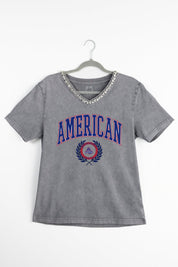AMERICAN UNIVERSITY EAGLES ICONIC EDGE RHINESTONE TRIM V-NECK TEE