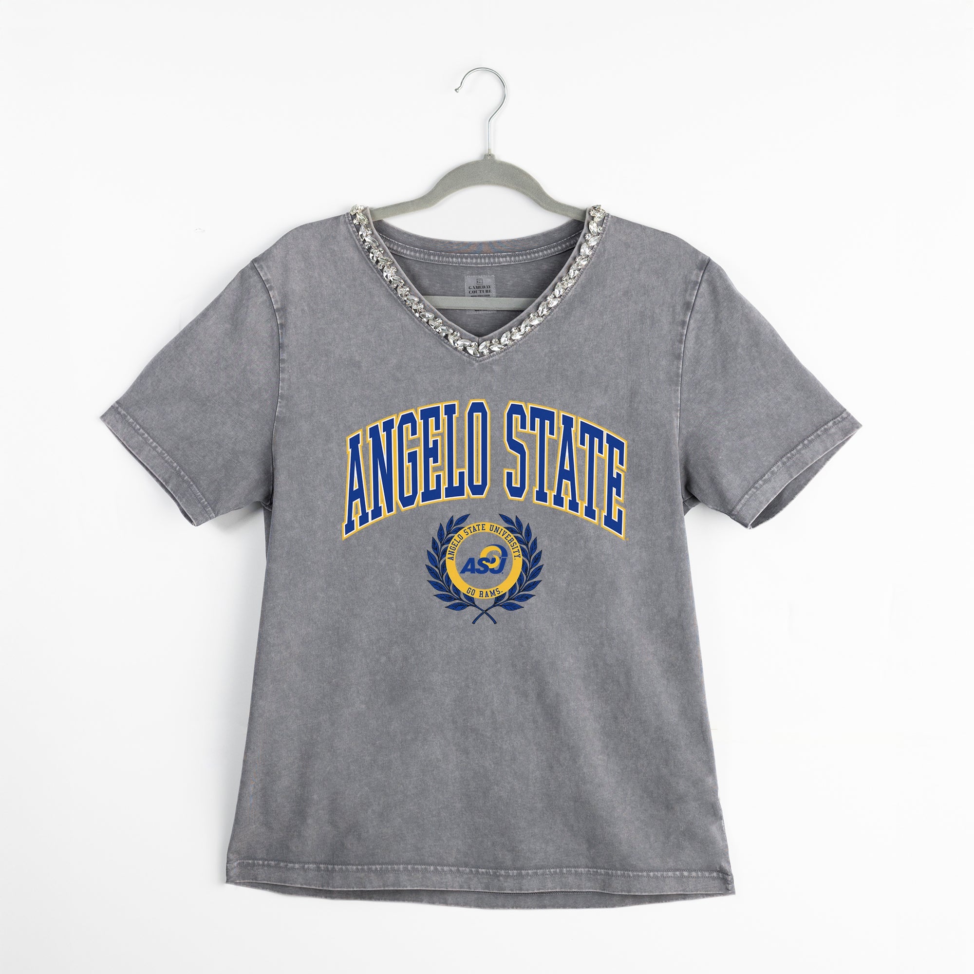 ANGELO STATE RAMS ICONIC EDGE RHINESTONE TRIM V-NECK TEE
