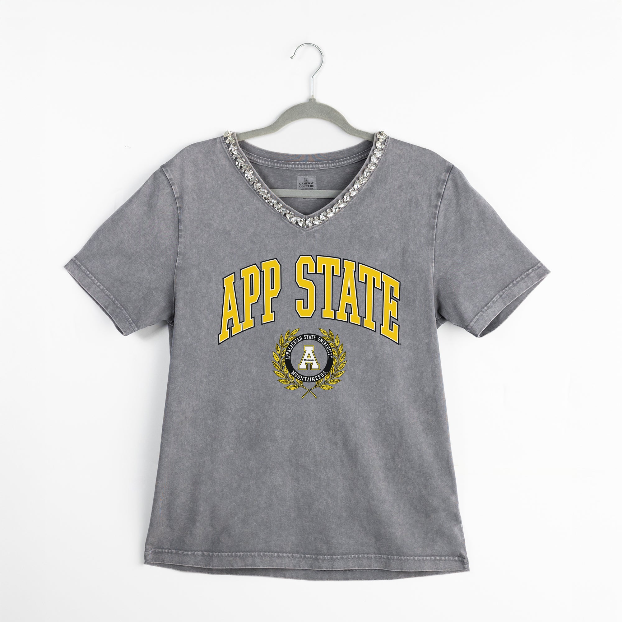 APPALACHIAN STATE MOUNTAINEERS ICONIC EDGE RHINESTONE TRIM V-NECK TEE