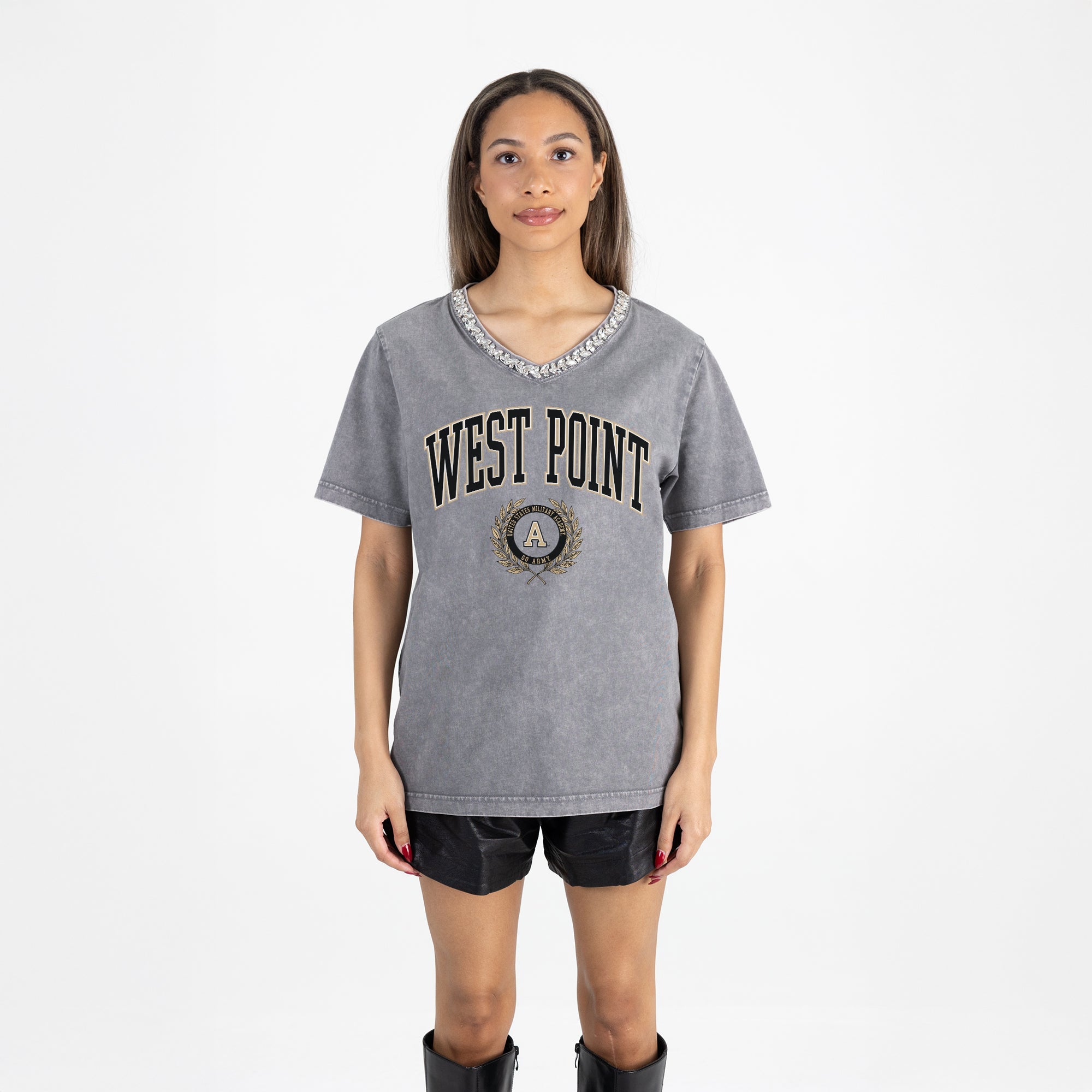 ARMY BLACK KNIGHTS ICONIC EDGE RHINESTONE TRIM V-NECK TEE