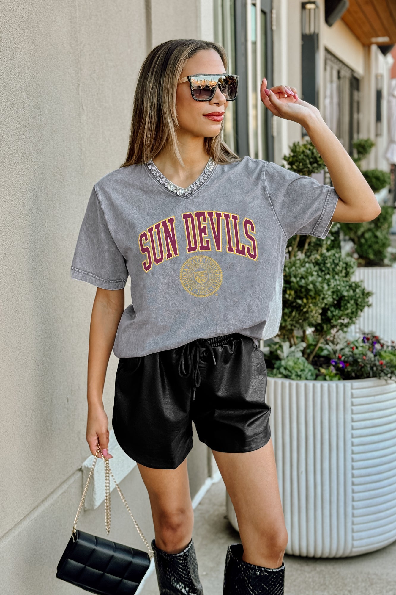 ARIZONA STATE SUN DEVILS ICONIC EDGE RHINESTONE TRIM V-NECK TEE