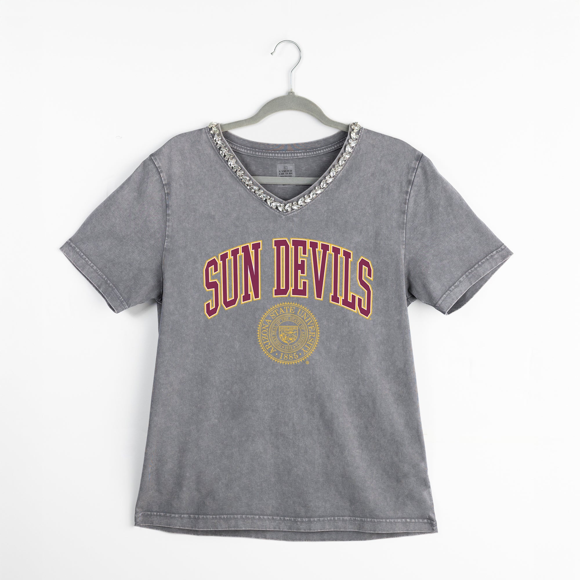ARIZONA STATE SUN DEVILS ICONIC EDGE RHINESTONE TRIM V-NECK TEE