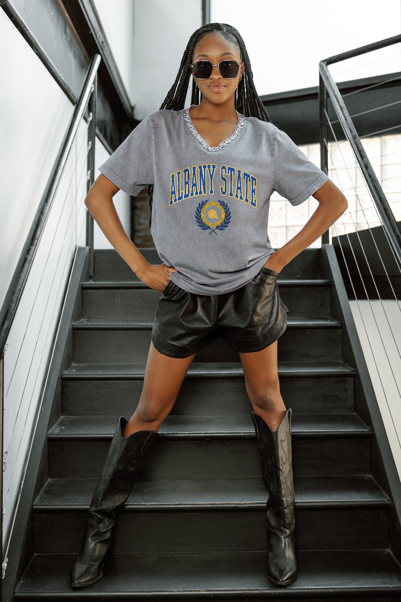 ALBANY STATE GOLDEN RAMS ICONIC EDGE RHINESTONE TRIM V-NECK TEE