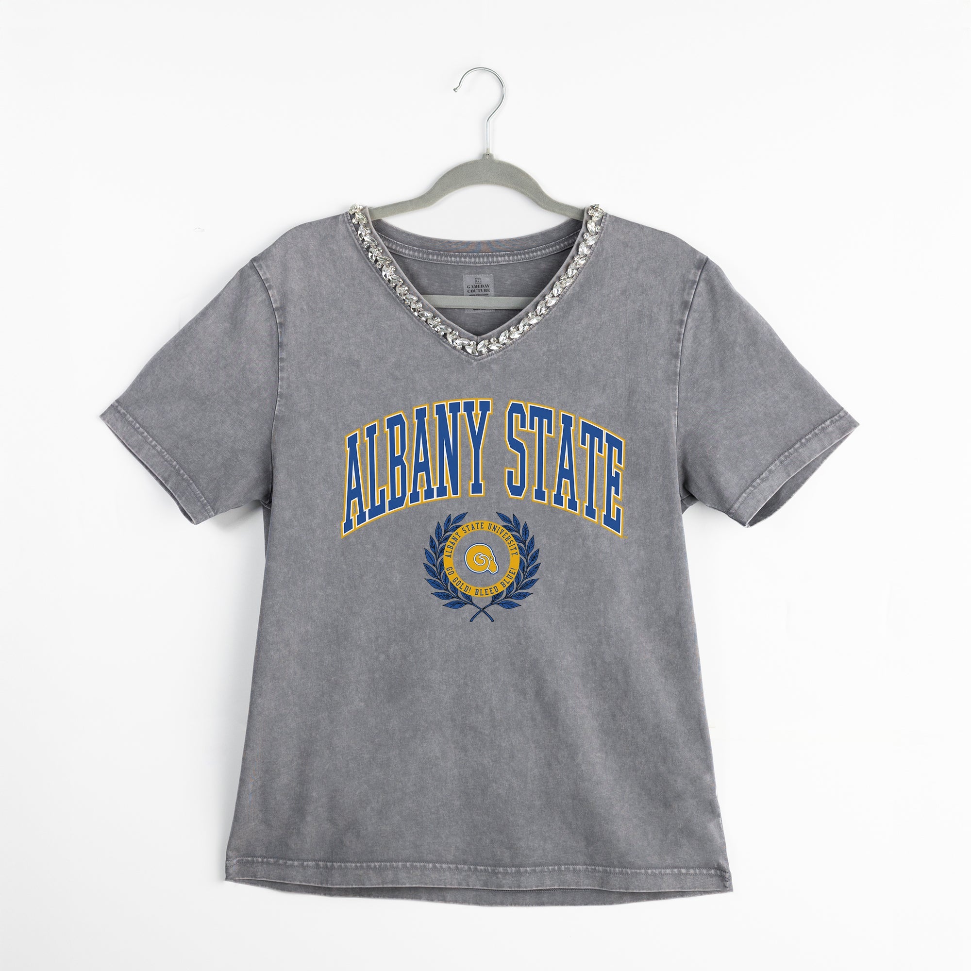 ALBANY STATE GOLDEN RAMS ICONIC EDGE RHINESTONE TRIM V-NECK TEE