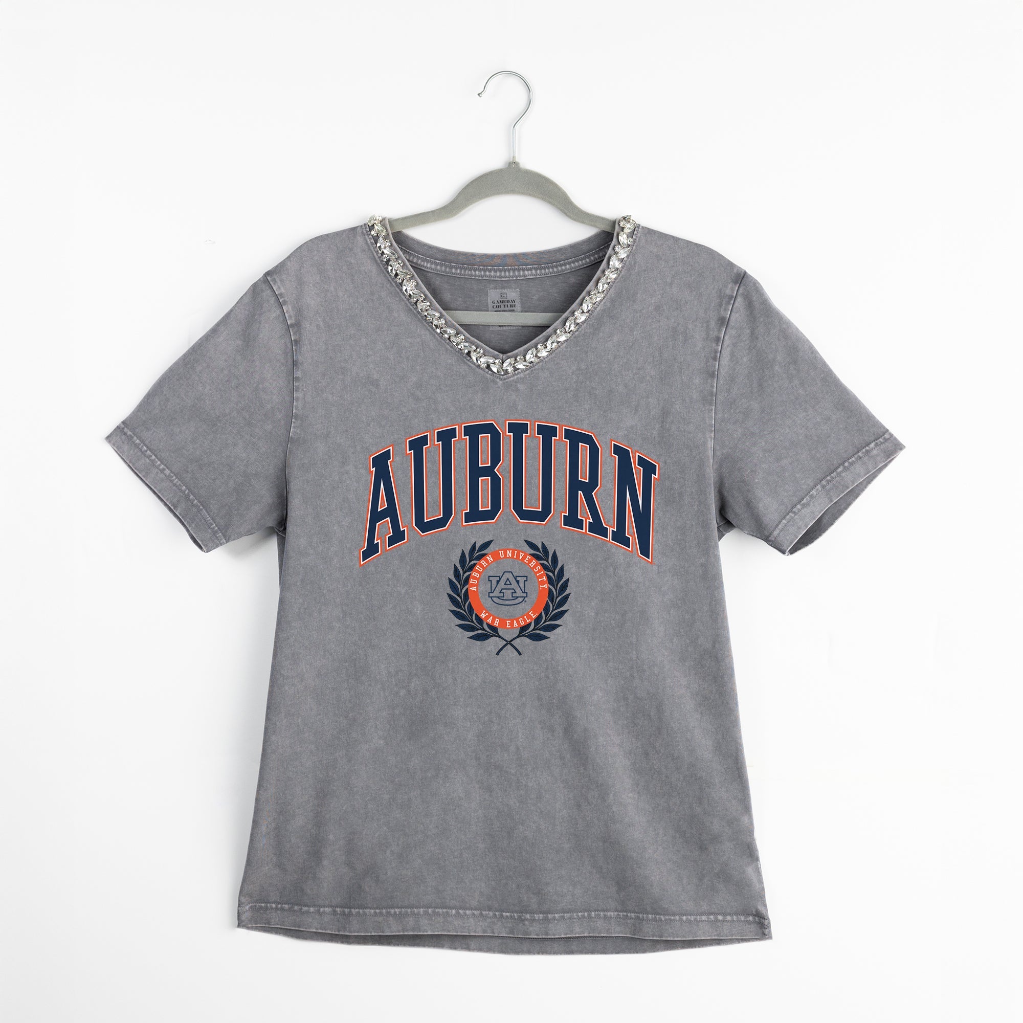 AUBURN TIGERS ICONIC EDGE RHINESTONE TRIM V-NECK TEE