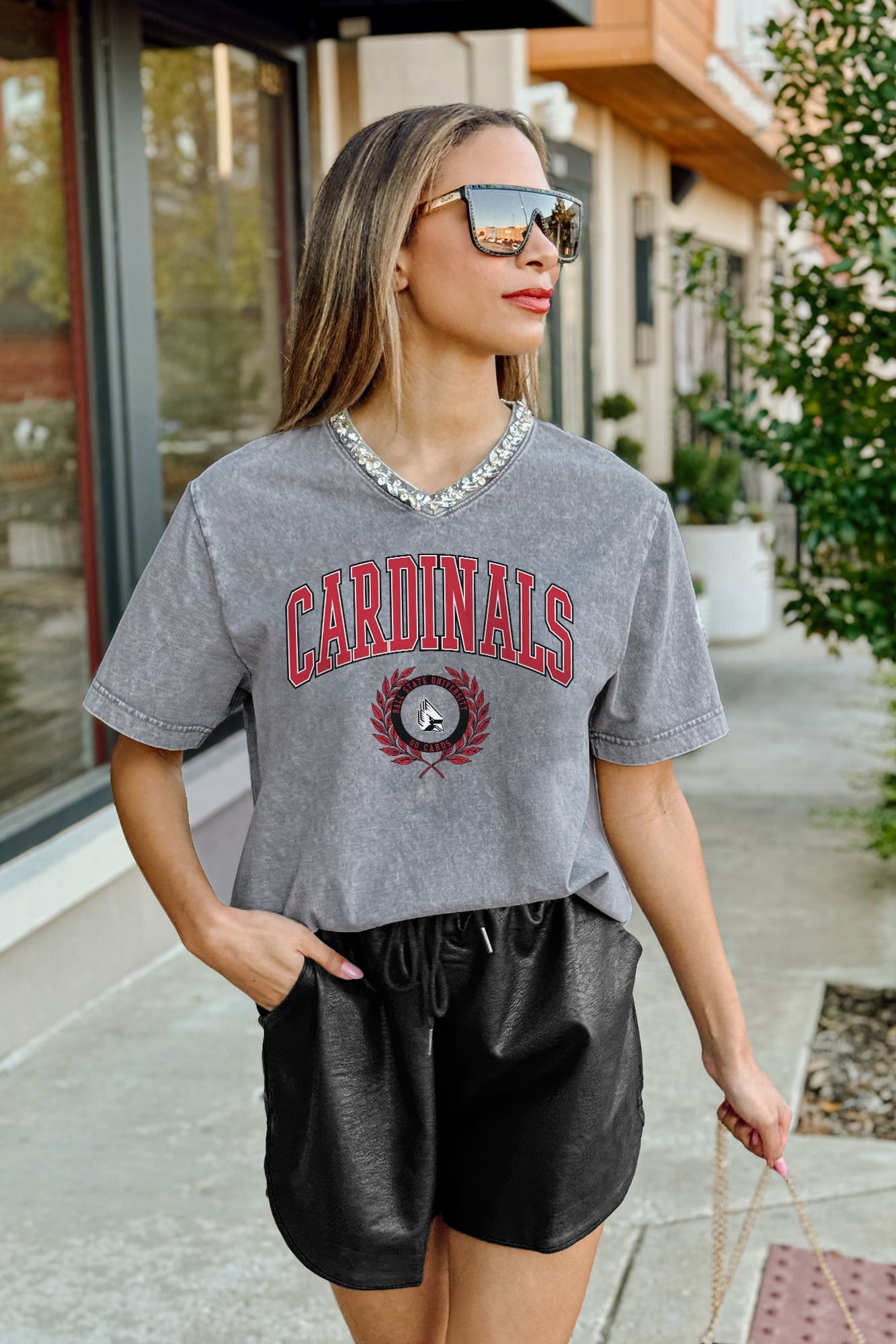 BALL STATE CARDINALS ICONIC EDGE RHINESTONE TRIM V-NECK TEE