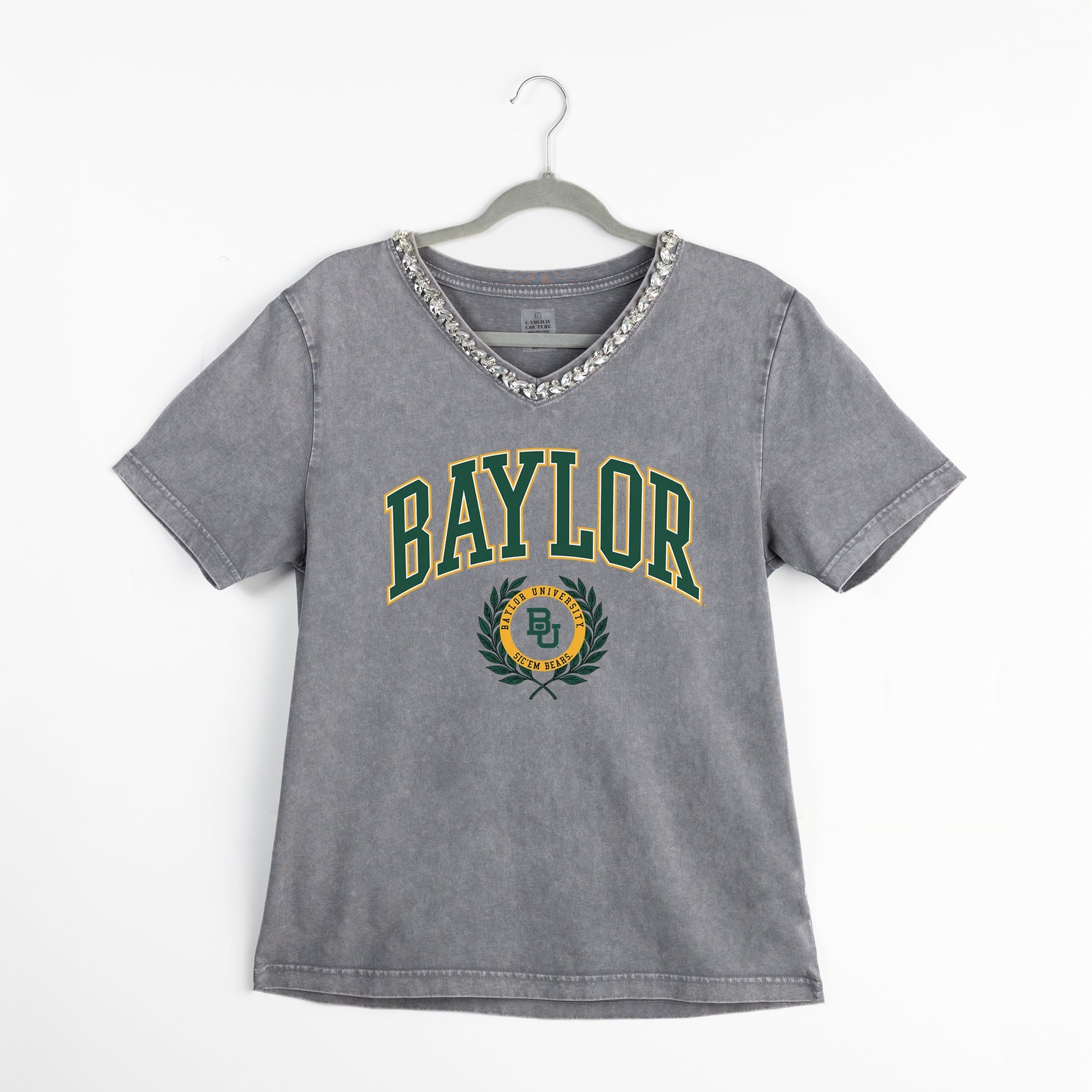 BAYLOR BEARS ICONIC EDGE RHINESTONE TRIM V-NECK TEE