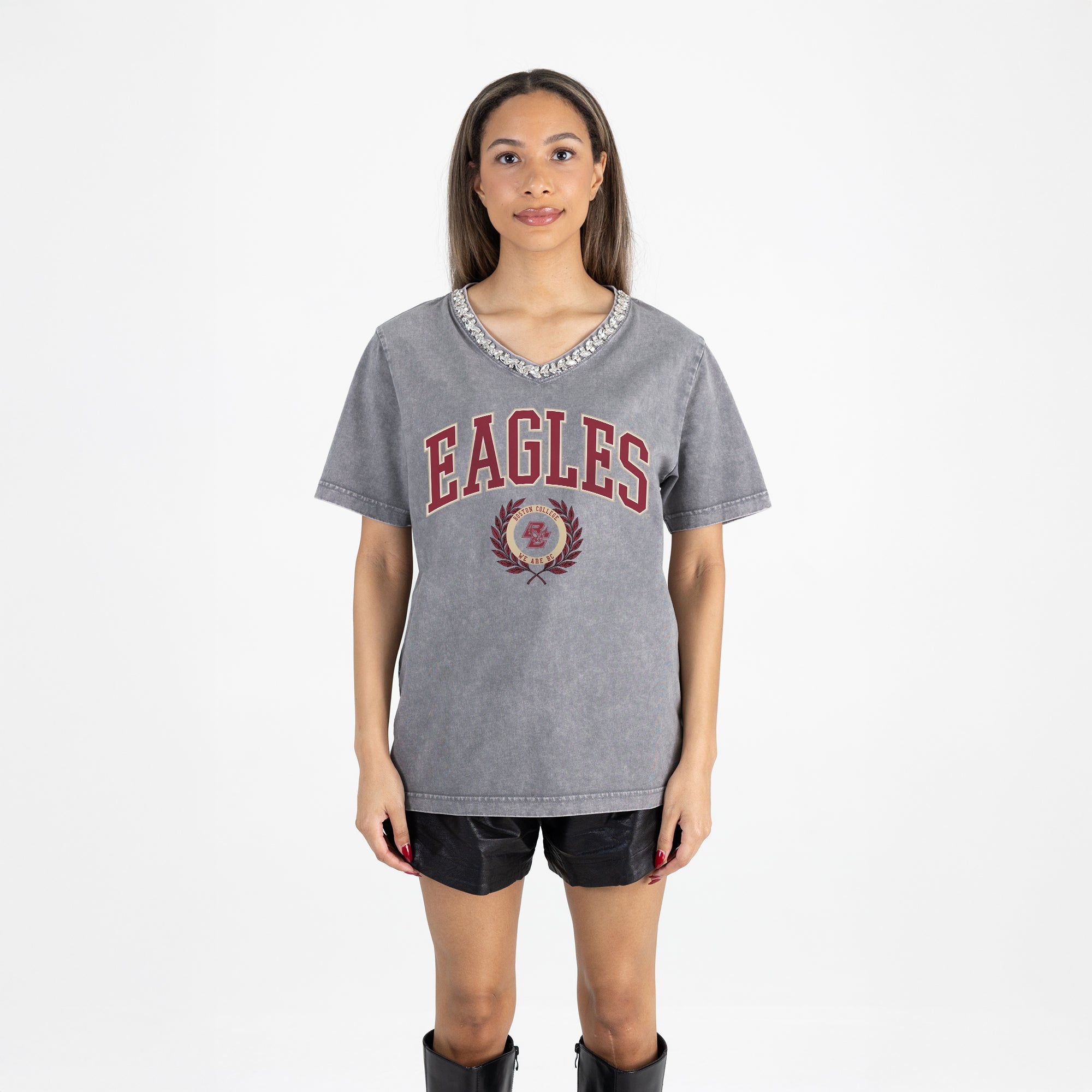 BOSTON COLLEGE EAGLES ICONIC EDGE RHINESTONE TRIM V-NECK TEE