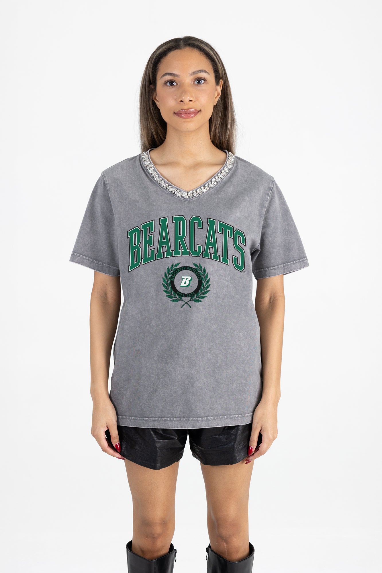 BINGHAMTON BEARCATS ICONIC EDGE RHINESTONE TRIM V-NECK TEE