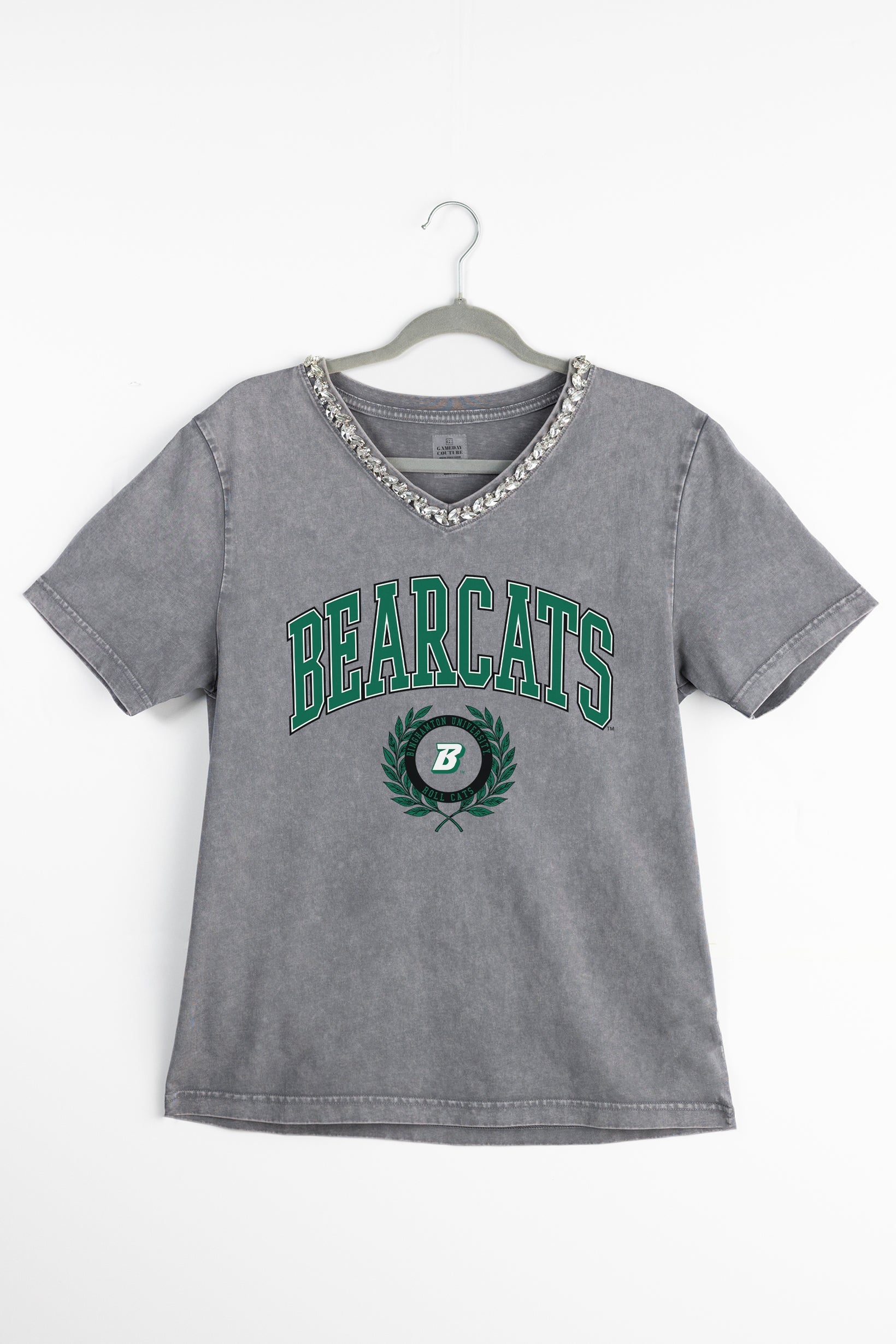 BINGHAMTON BEARCATS ICONIC EDGE RHINESTONE TRIM V-NECK TEE