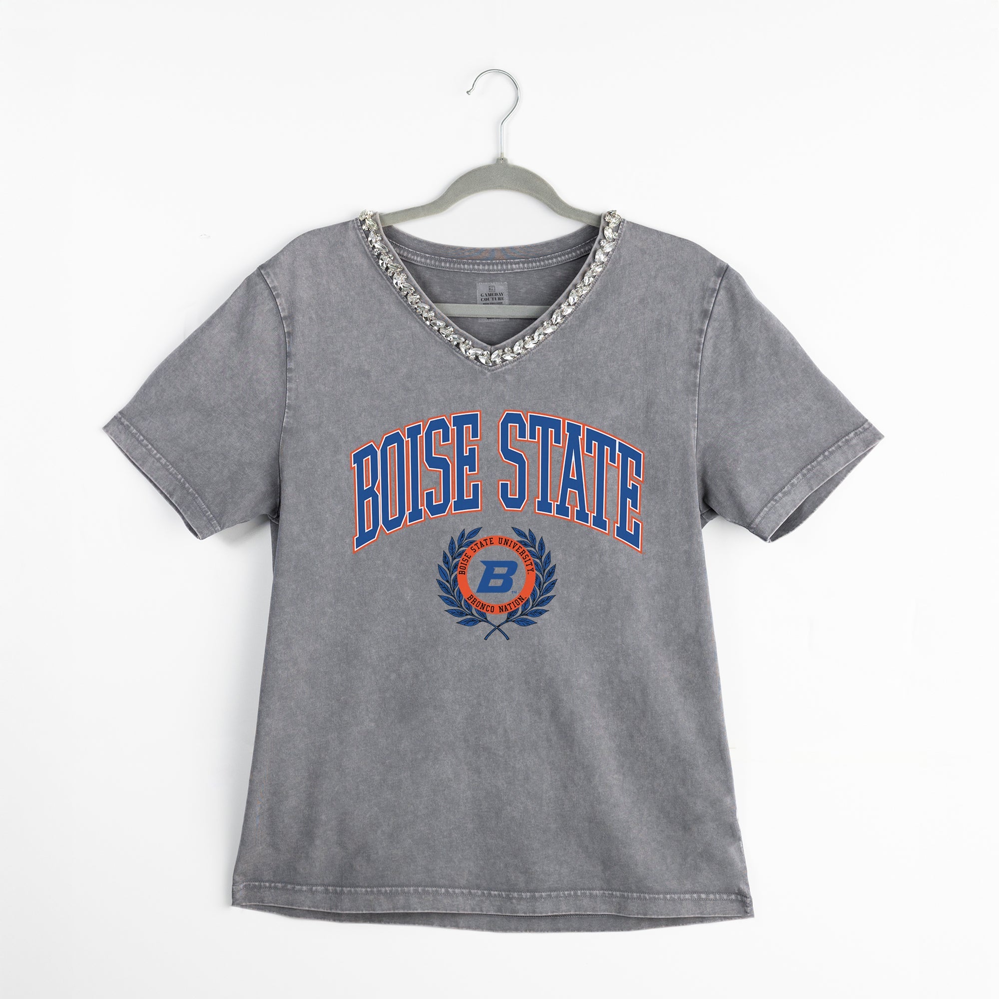 BOISE STATE BRONCOS ICONIC EDGE RHINESTONE TRIM V-NECK TEE