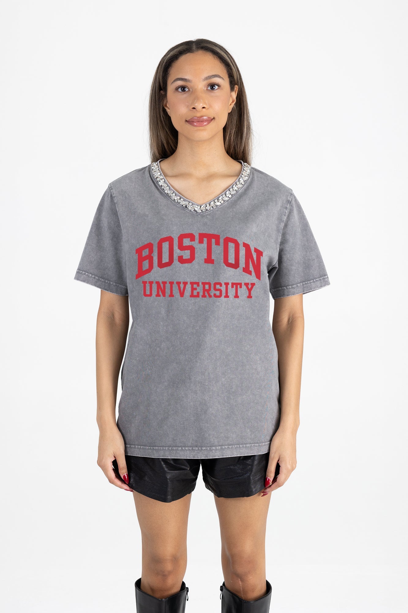 BOSTON UNIVERSITY TERRIERS ICONIC EDGE RHINESTONE TRIM V-NECK TEE