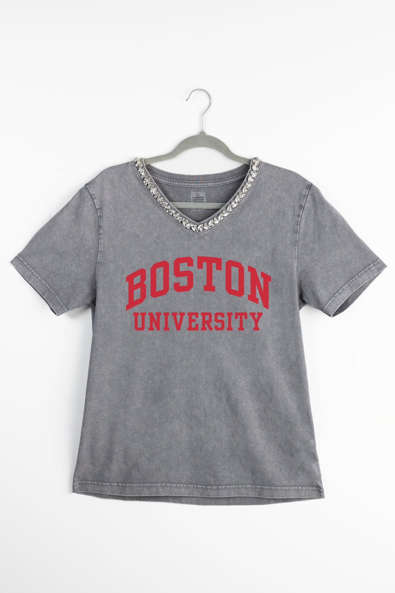 BOSTON UNIVERSITY TERRIERS ICONIC EDGE RHINESTONE TRIM V-NECK TEE
