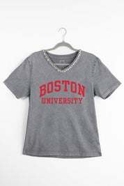 BOSTON UNIVERSITY TERRIERS ICONIC EDGE RHINESTONE TRIM V-NECK TEE