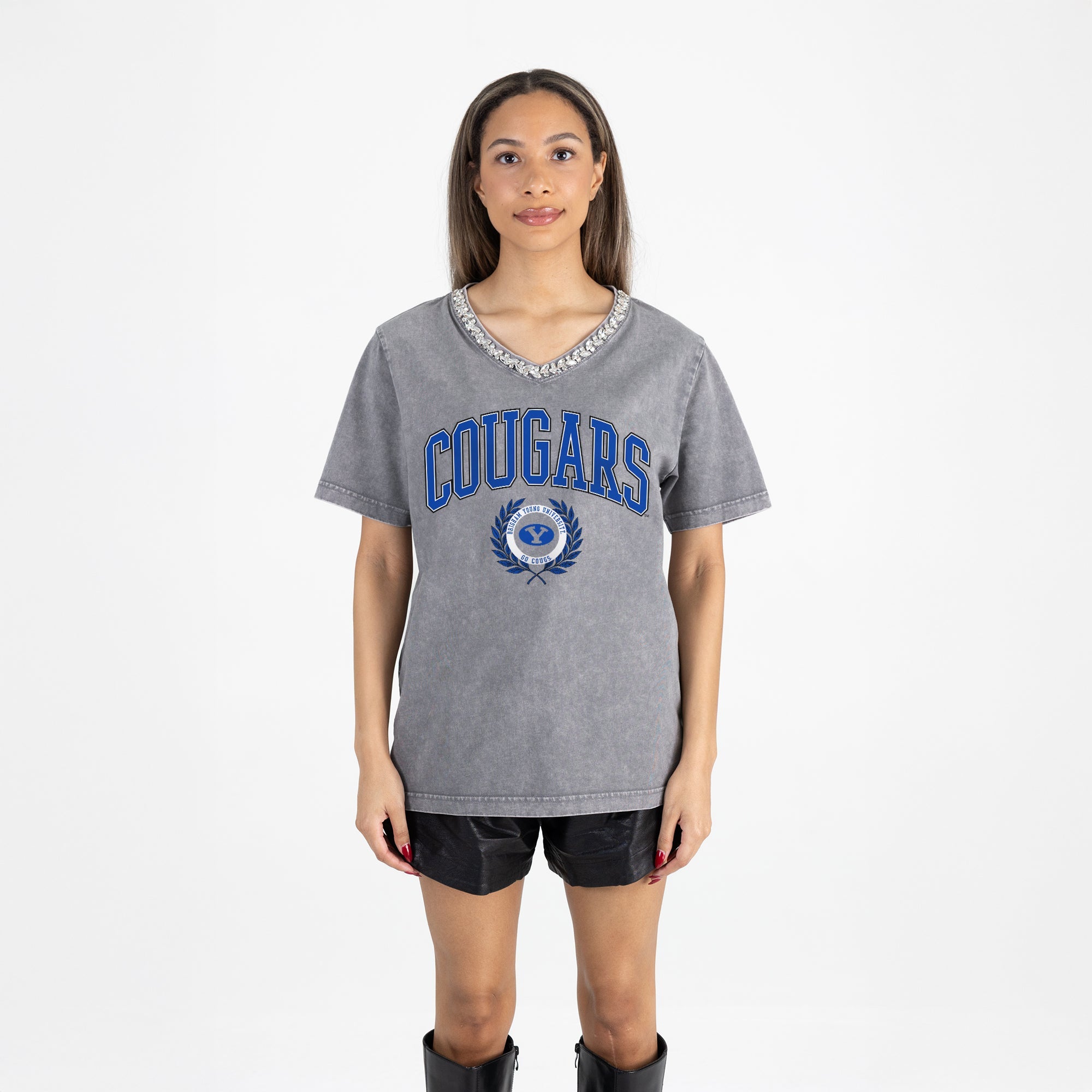 BYU COUGARS ICONIC EDGE RHINESTONE TRIM V-NECK TEE