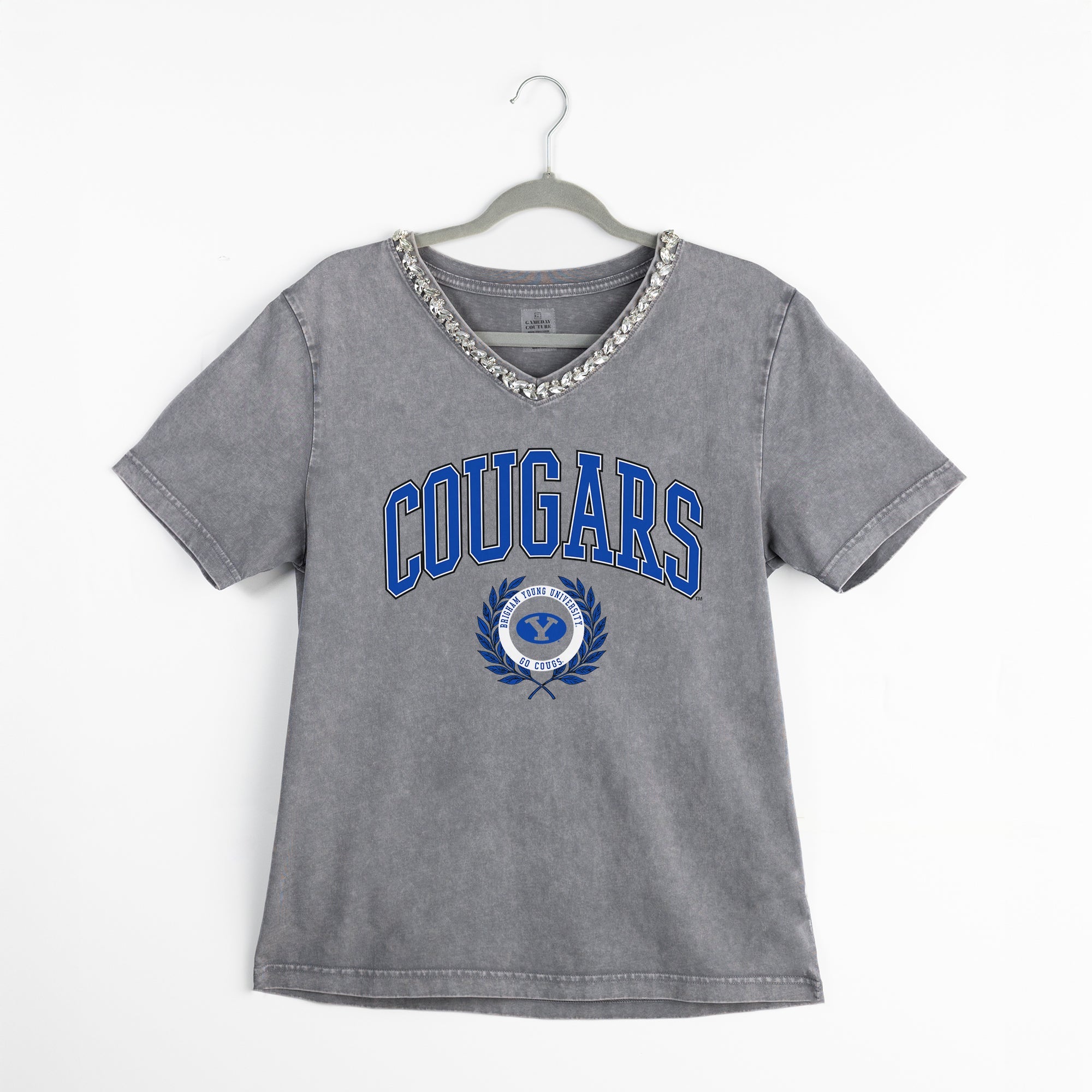 BYU COUGARS ICONIC EDGE RHINESTONE TRIM V-NECK TEE