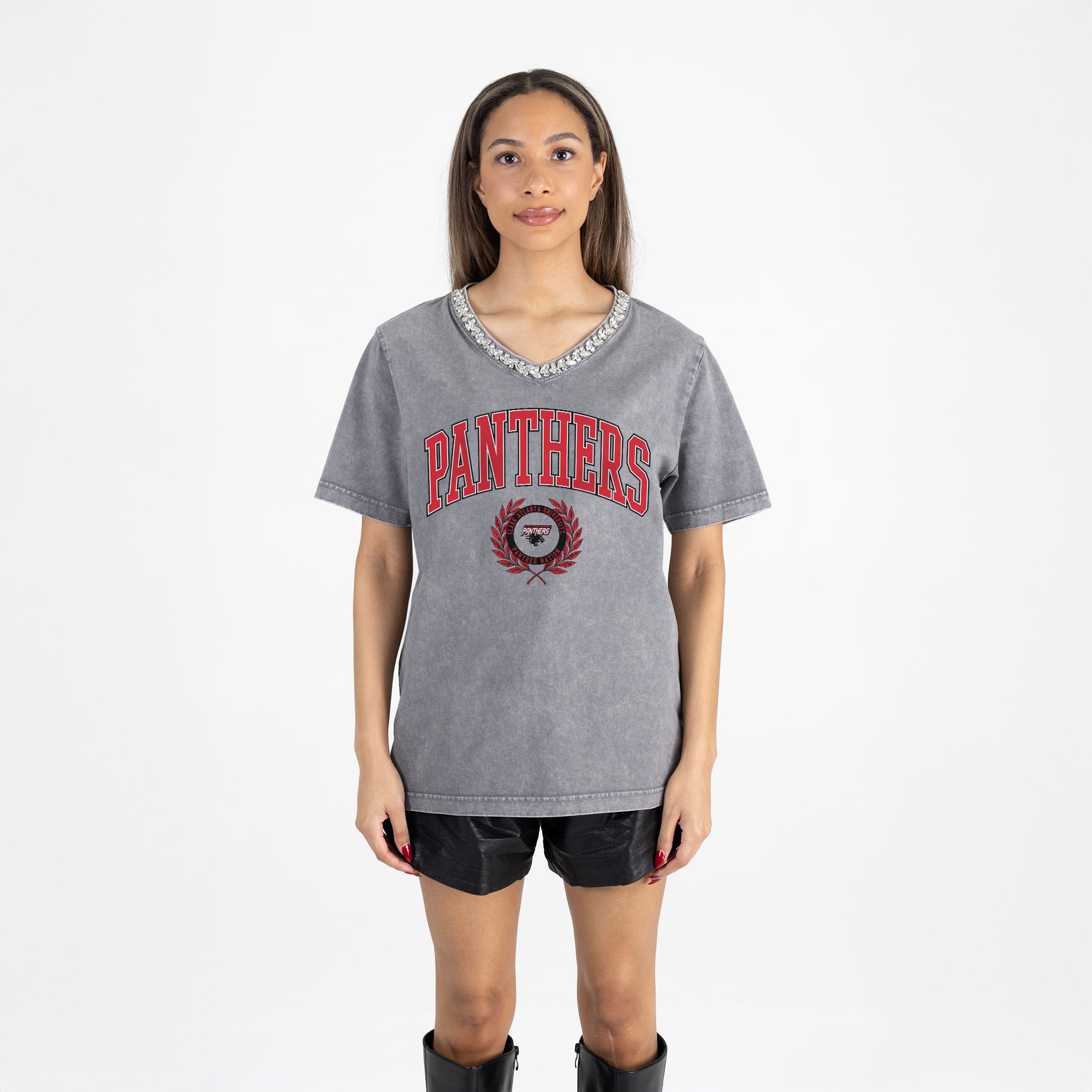 CLARK ATLANTA UNIVERSITY PANTHERS ICONIC EDGE RHINESTONE TRIM V-NECK TEE