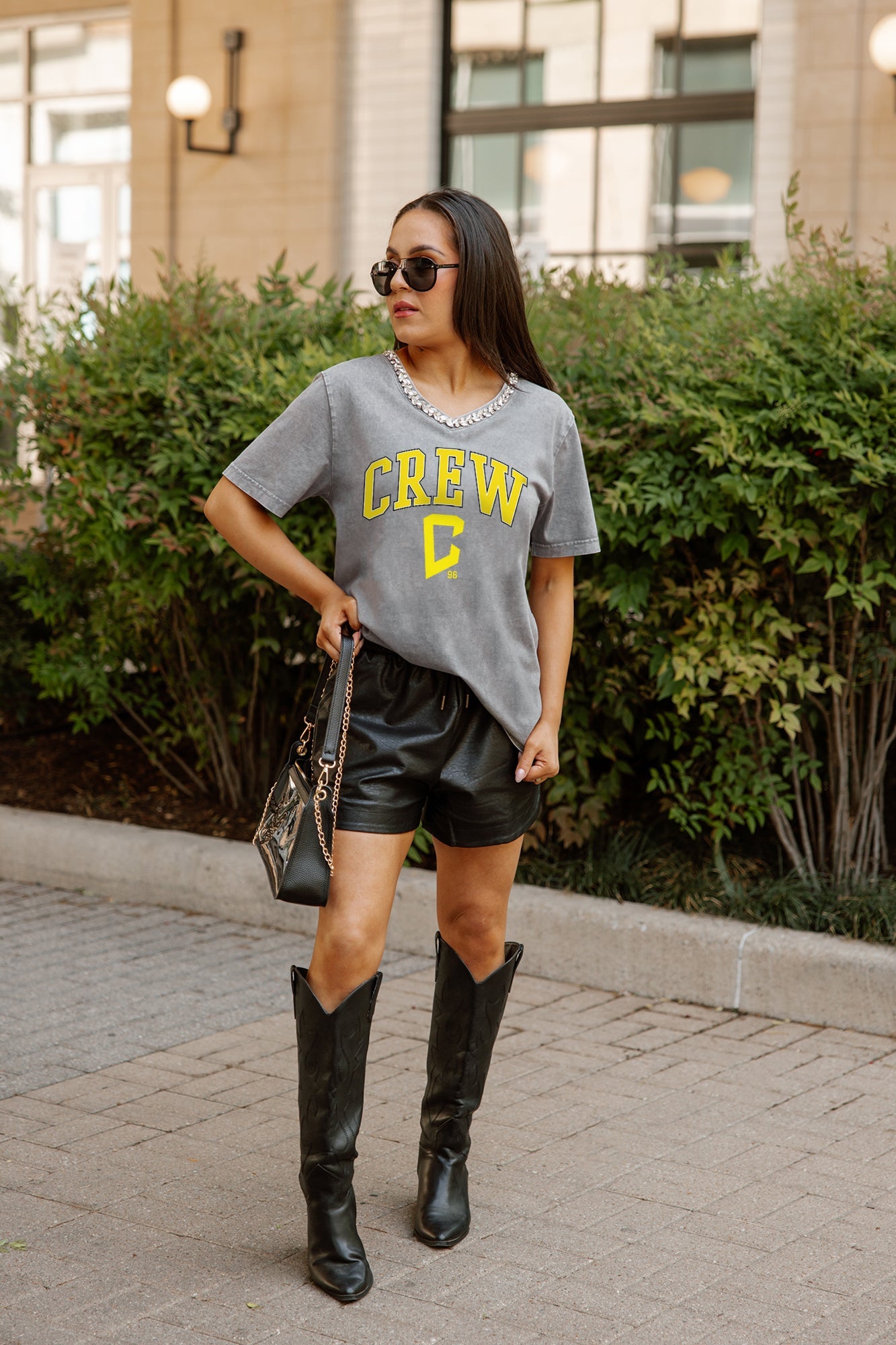 COLUMBUS CREW SC ICONIC EDGE RHINESTONE TRIM V-NECK TEE