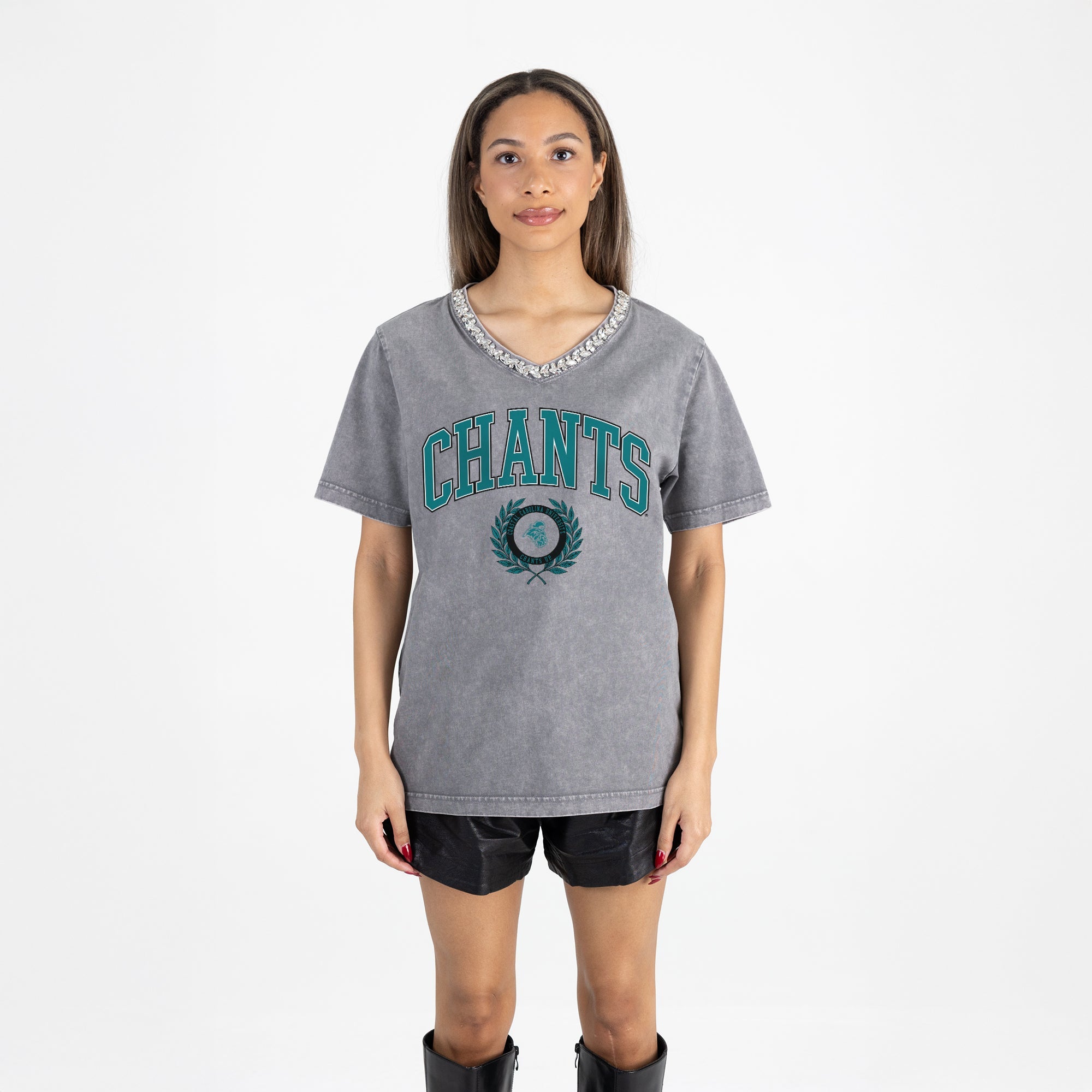 COASTAL CAROLINA CHANTICLEERS ICONIC EDGE RHINESTONE TRIM V-NECK TEE
