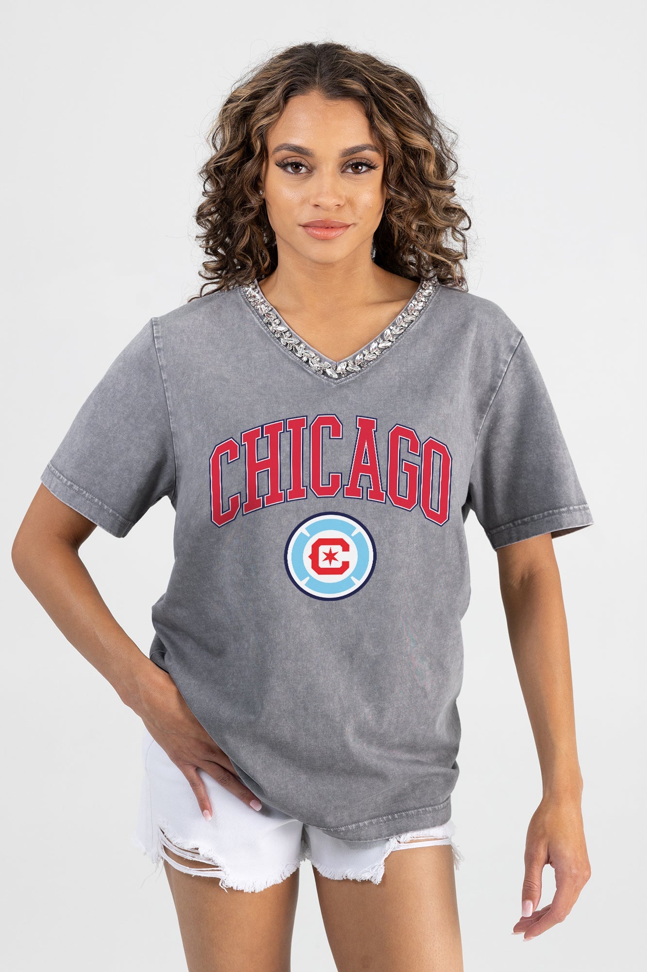 CHICAGO FIRE SC ICONIC EDGE RHINESTONE TRIM V-NECK TEE