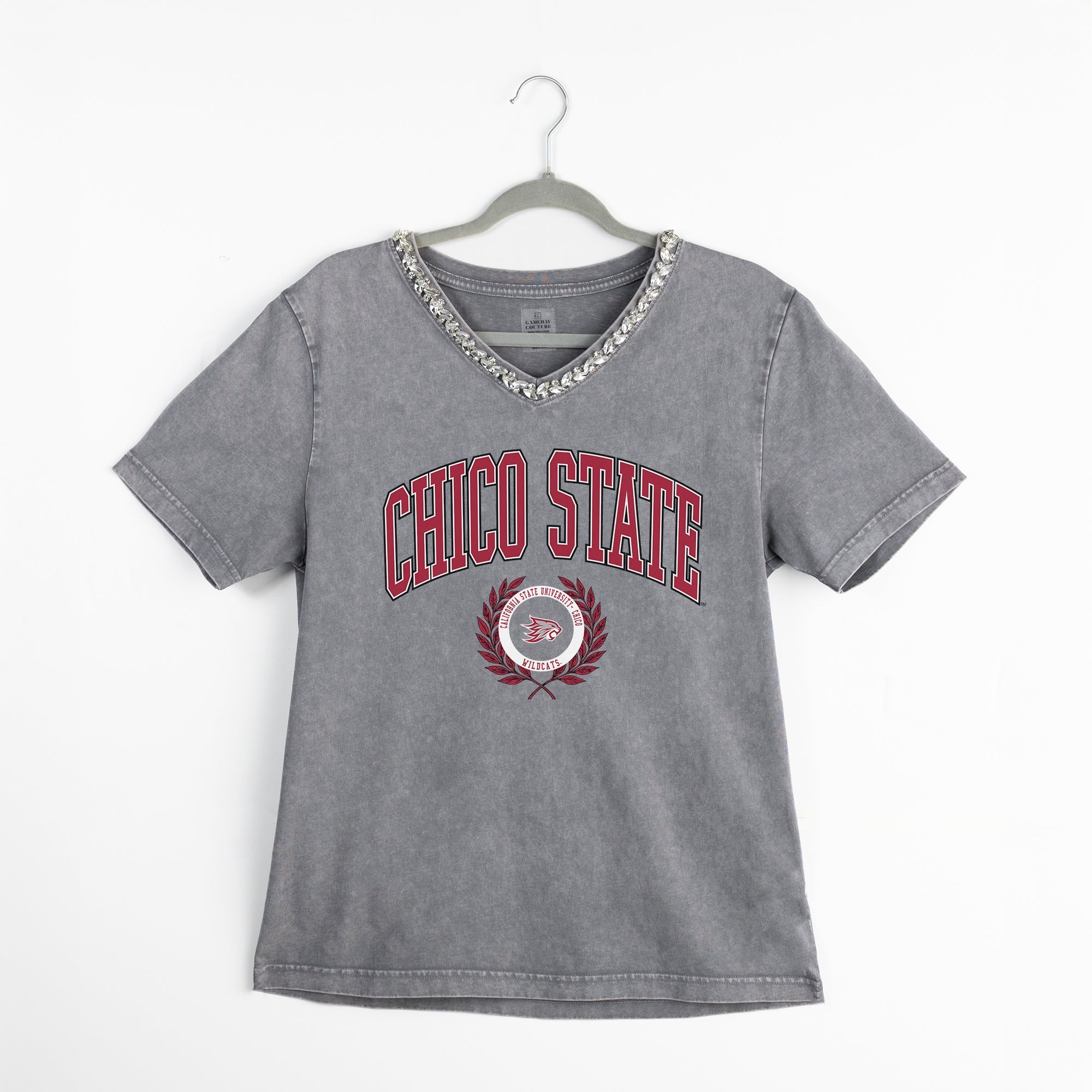 CHICO STATE WILDCATS ICONIC EDGE RHINESTONE TRIM V-NECK TEE