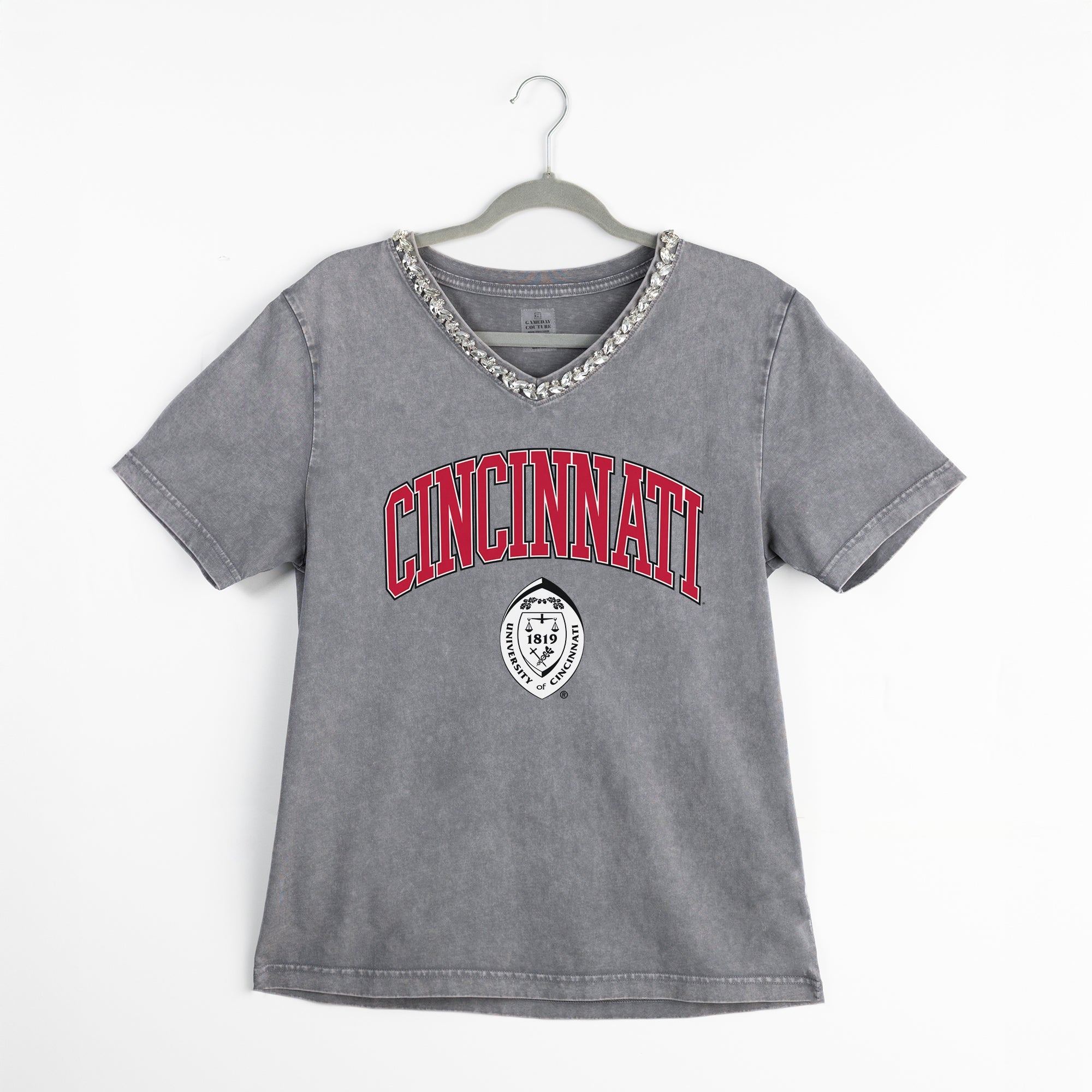 CINCINNATI BEARCATS ICONIC EDGE RHINESTONE TRIM V-NECK TEE