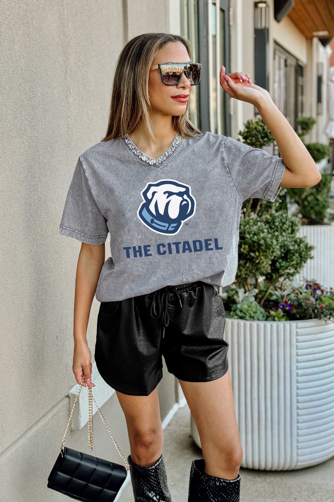 CITADEL BULLDOGS ICONIC EDGE RHINESTONE TRIM V-NECK TEE