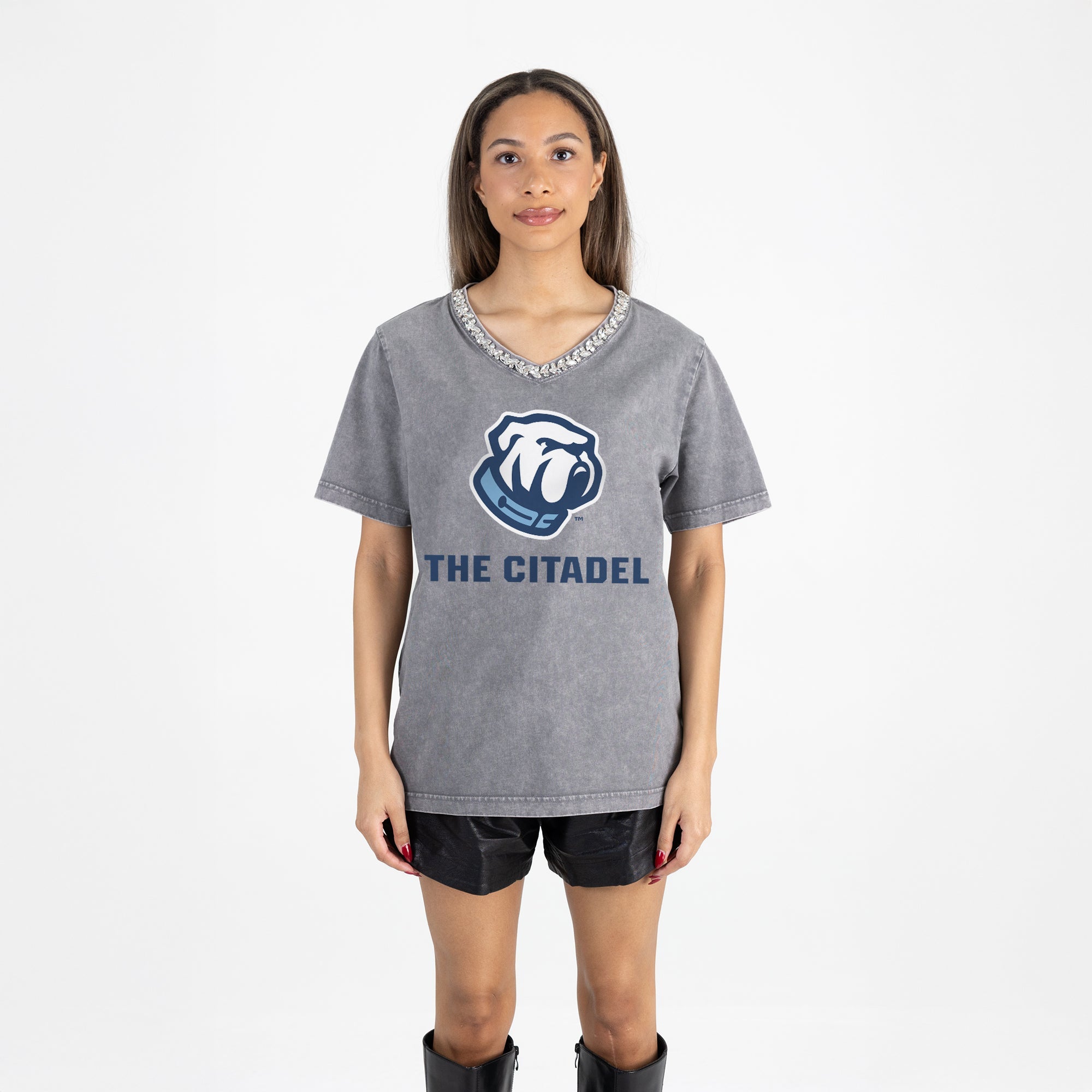 CITADEL BULLDOGS ICONIC EDGE RHINESTONE TRIM V-NECK TEE