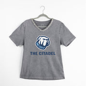 CITADEL BULLDOGS ICONIC EDGE RHINESTONE TRIM V-NECK TEE