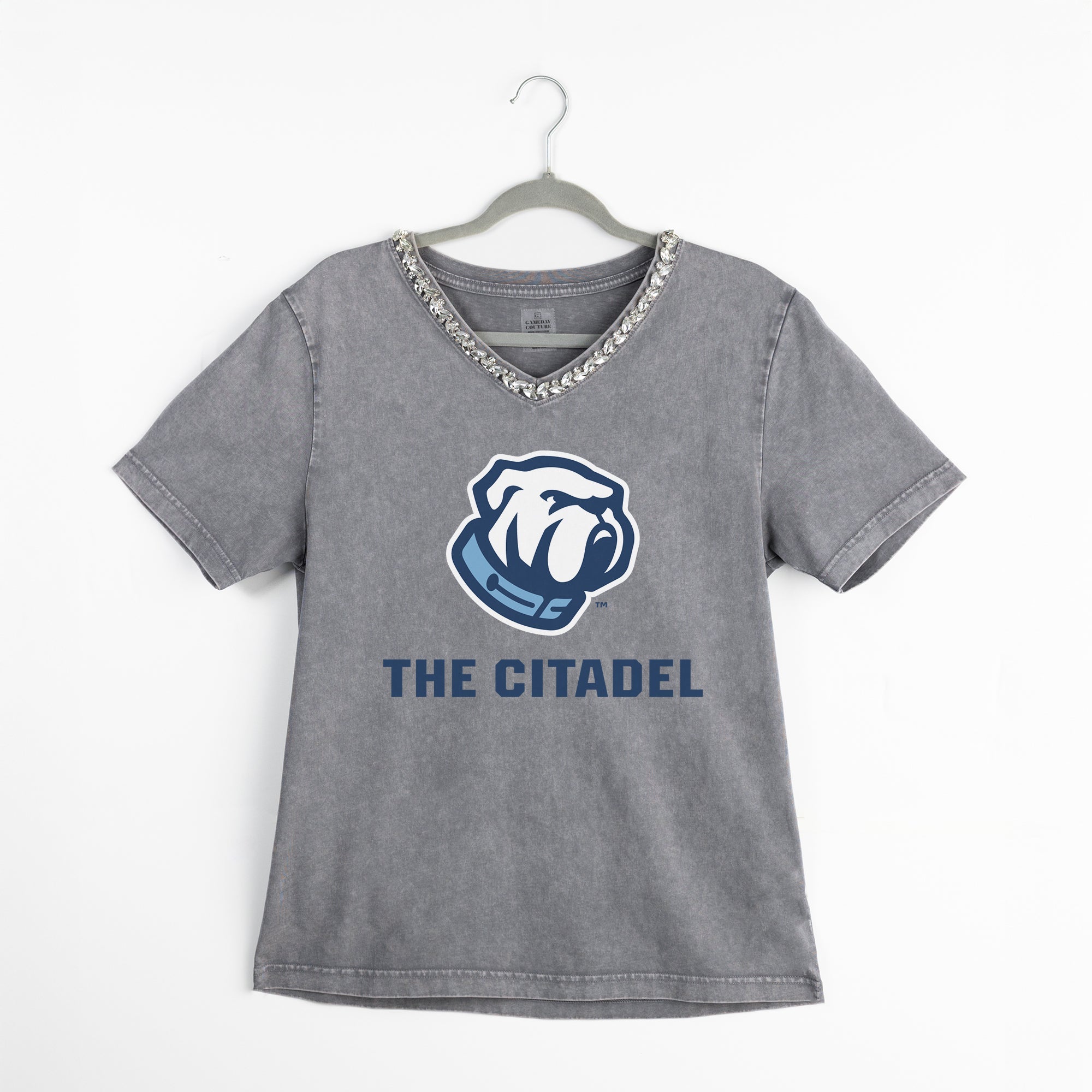 CITADEL BULLDOGS ICONIC EDGE RHINESTONE TRIM V-NECK TEE