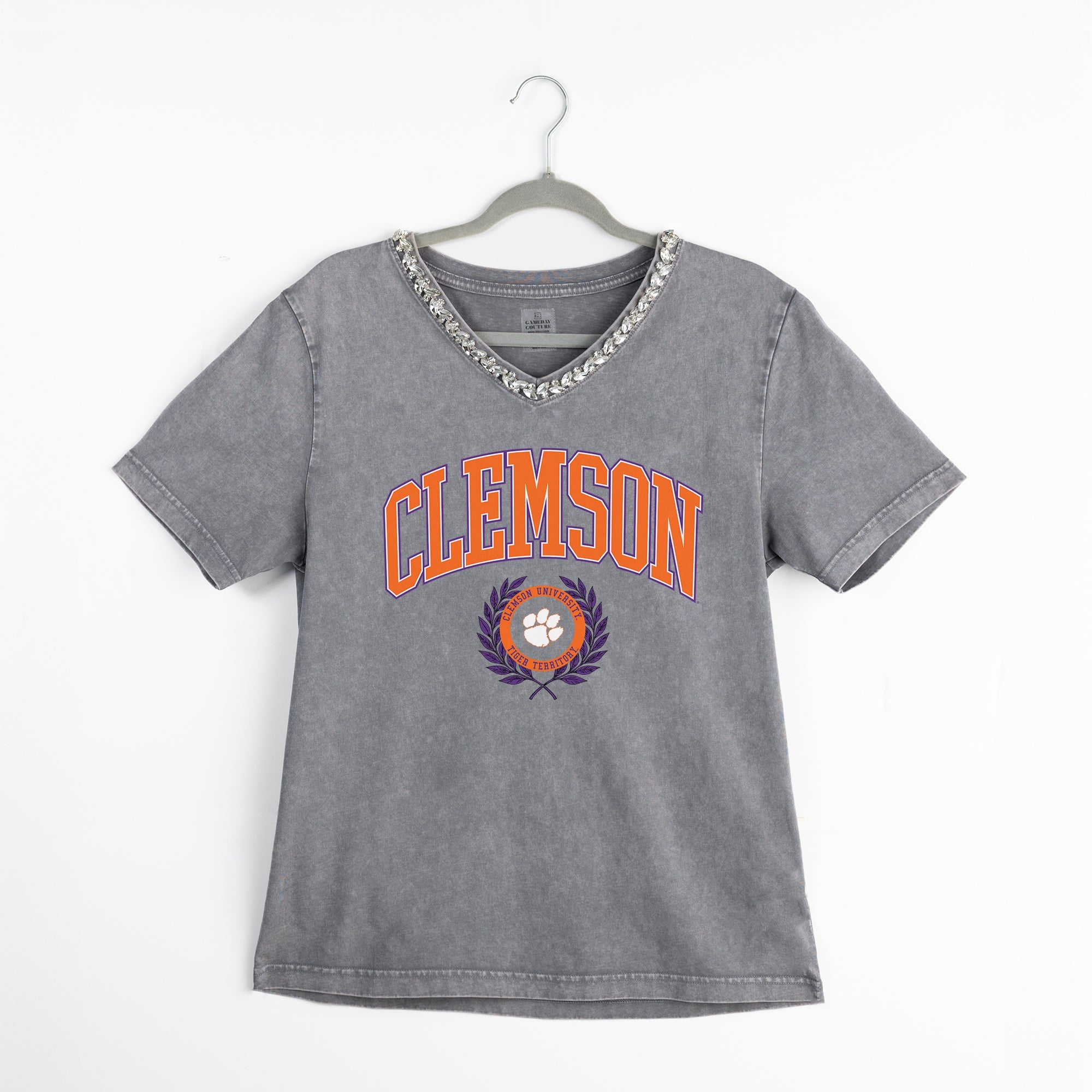 CLEMSON TIGERS ICONIC EDGE RHINESTONE TRIM V-NECK TEE