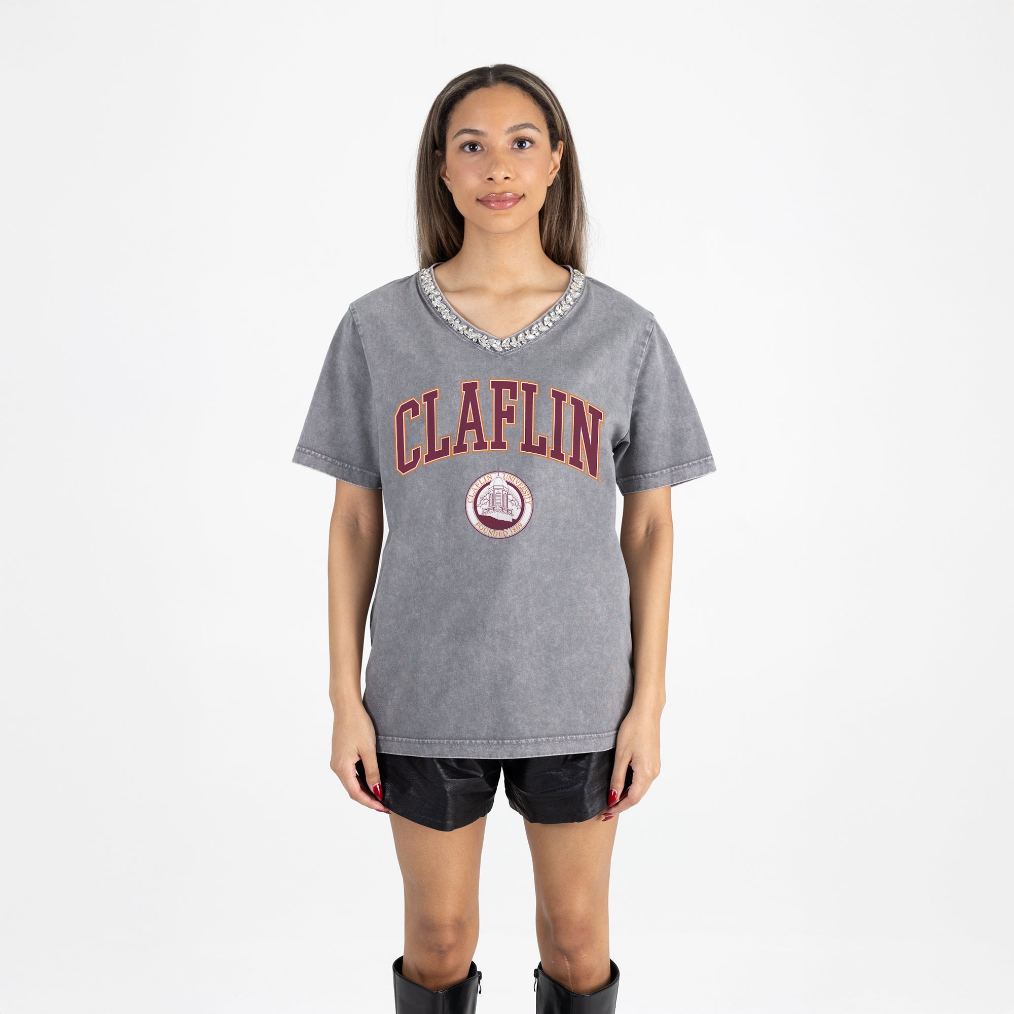 CLAFLIN PANTHERS ICONIC EDGE RHINESTONE TRIM V-NECK TEE