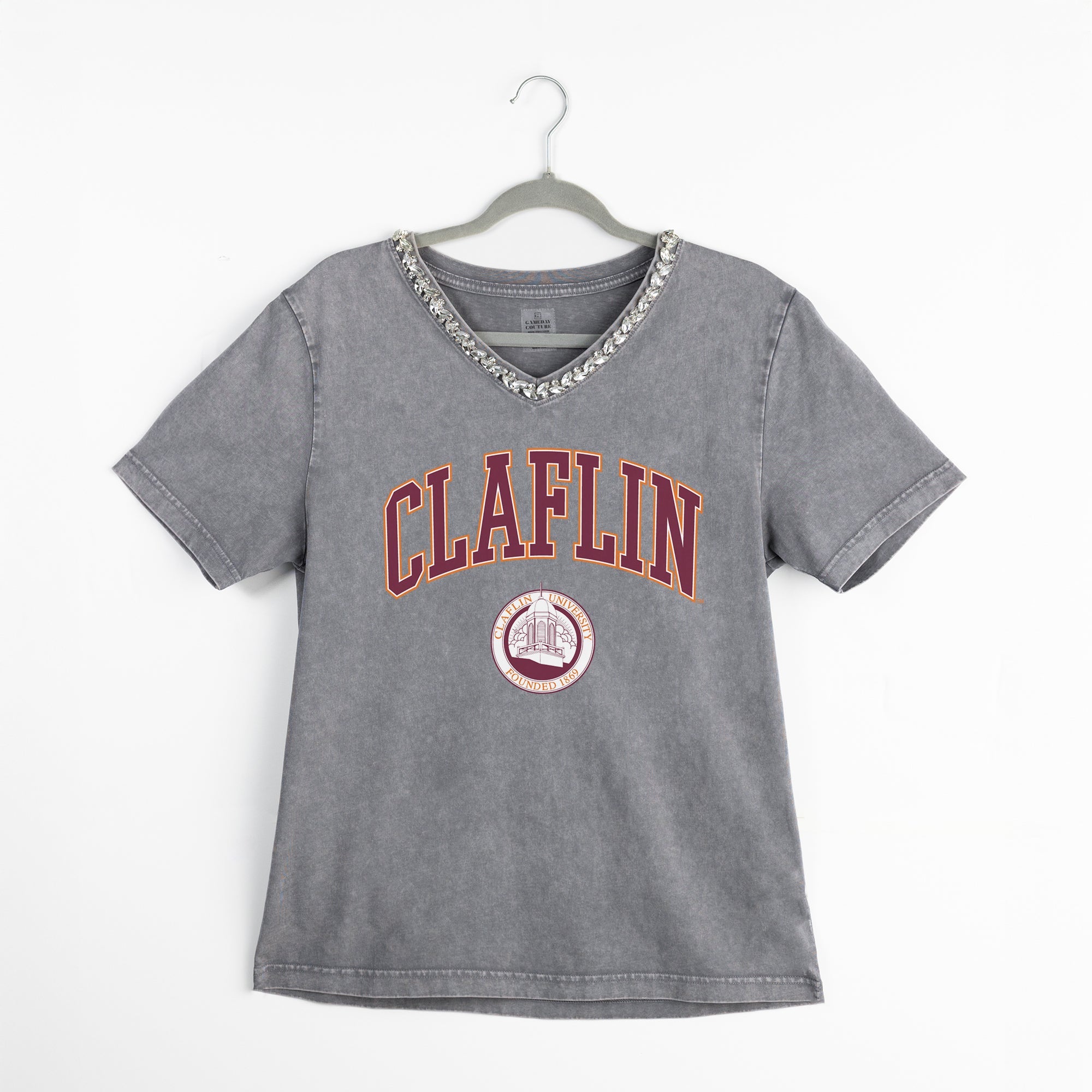 CLAFLIN PANTHERS ICONIC EDGE RHINESTONE TRIM V-NECK TEE