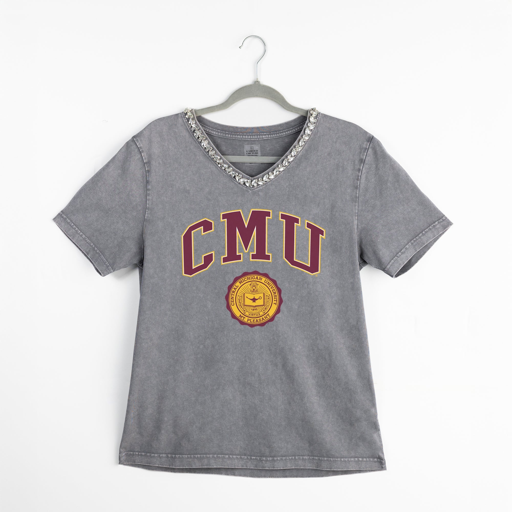 CENTRAL MICHIGAN CHIPPEWAS ICONIC EDGE RHINESTONE TRIM V-NECK TEE