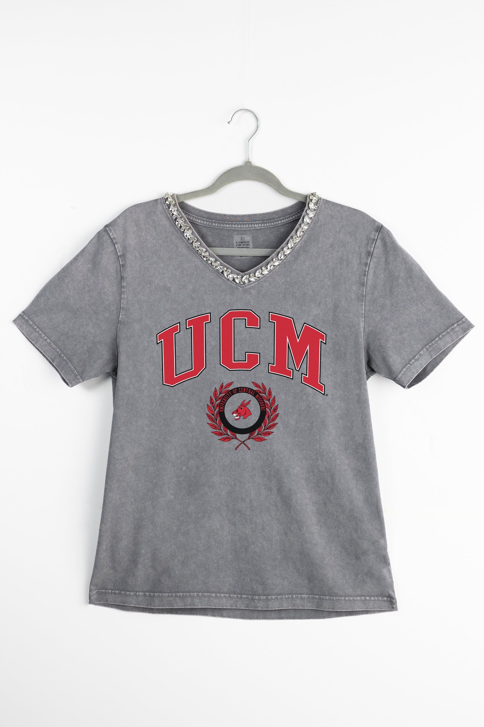 CENTRAL MISSOURI MULES ICONIC EDGE RHINESTONE TRIM V-NECK TEE